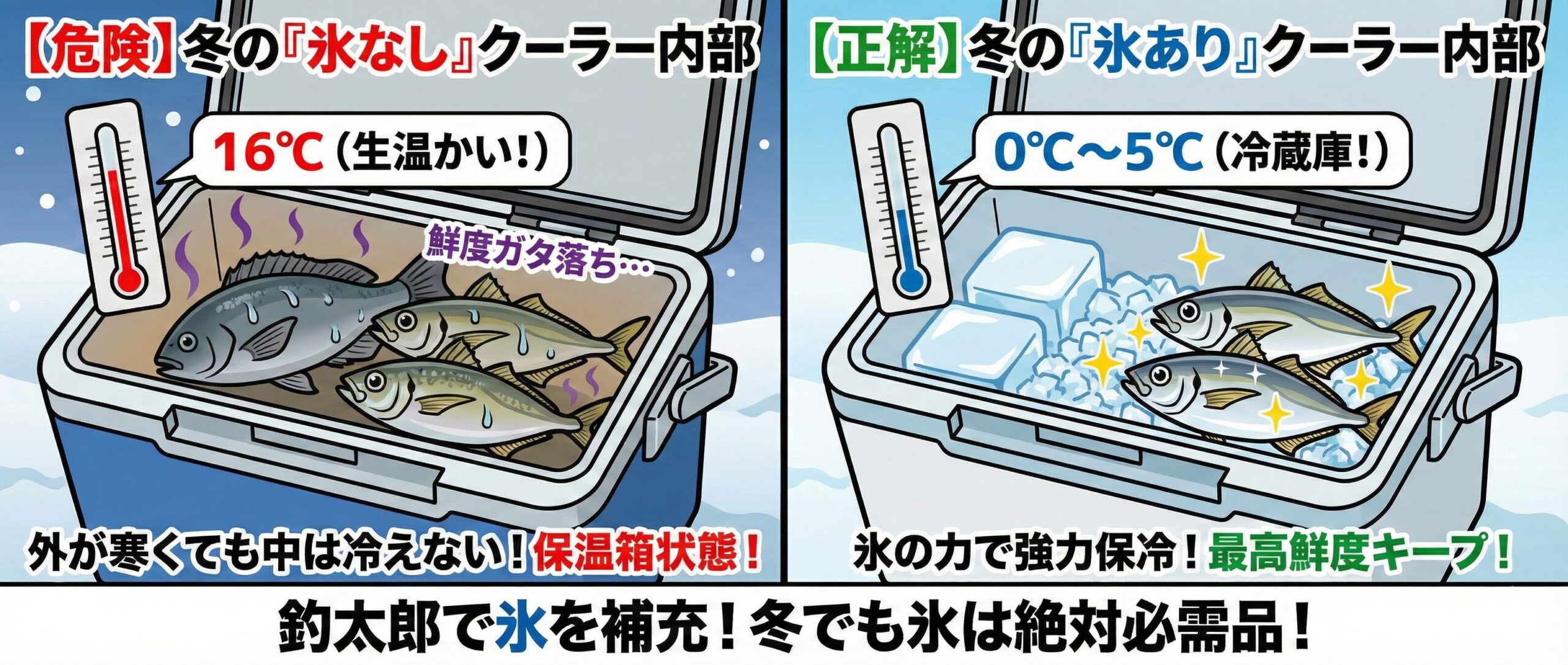 冬だからこそ、魚の脂が乗り、最高に美味しい季節です。 その味を落とさないためには、季節を問わず「氷」が絶対条件です。釣太郎