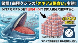 巨大なシロナガスクジラは1日に、なんと約3.5トン〜4トンものオキアミを食べる。釣太郎