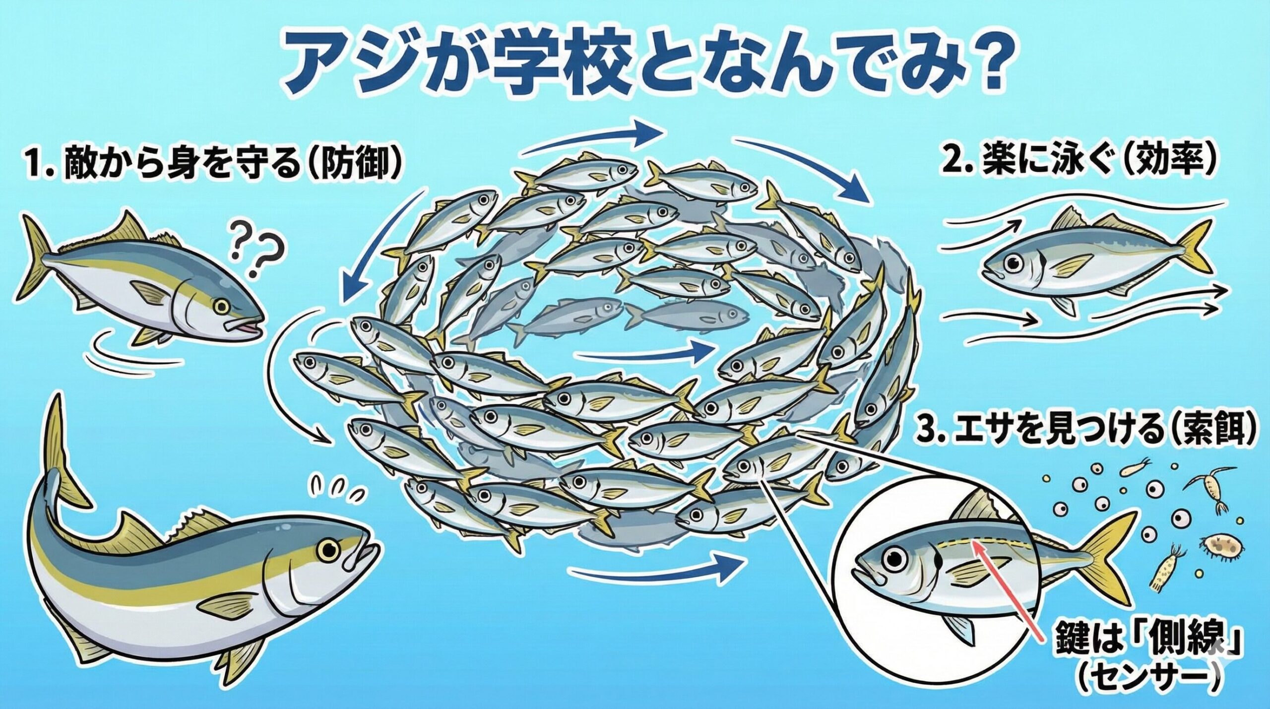 アジが群れで作るのは、仲間意識ではなく、厳しい自然界で生き残るための合理的な「生存本能」によるものです。釣太郎