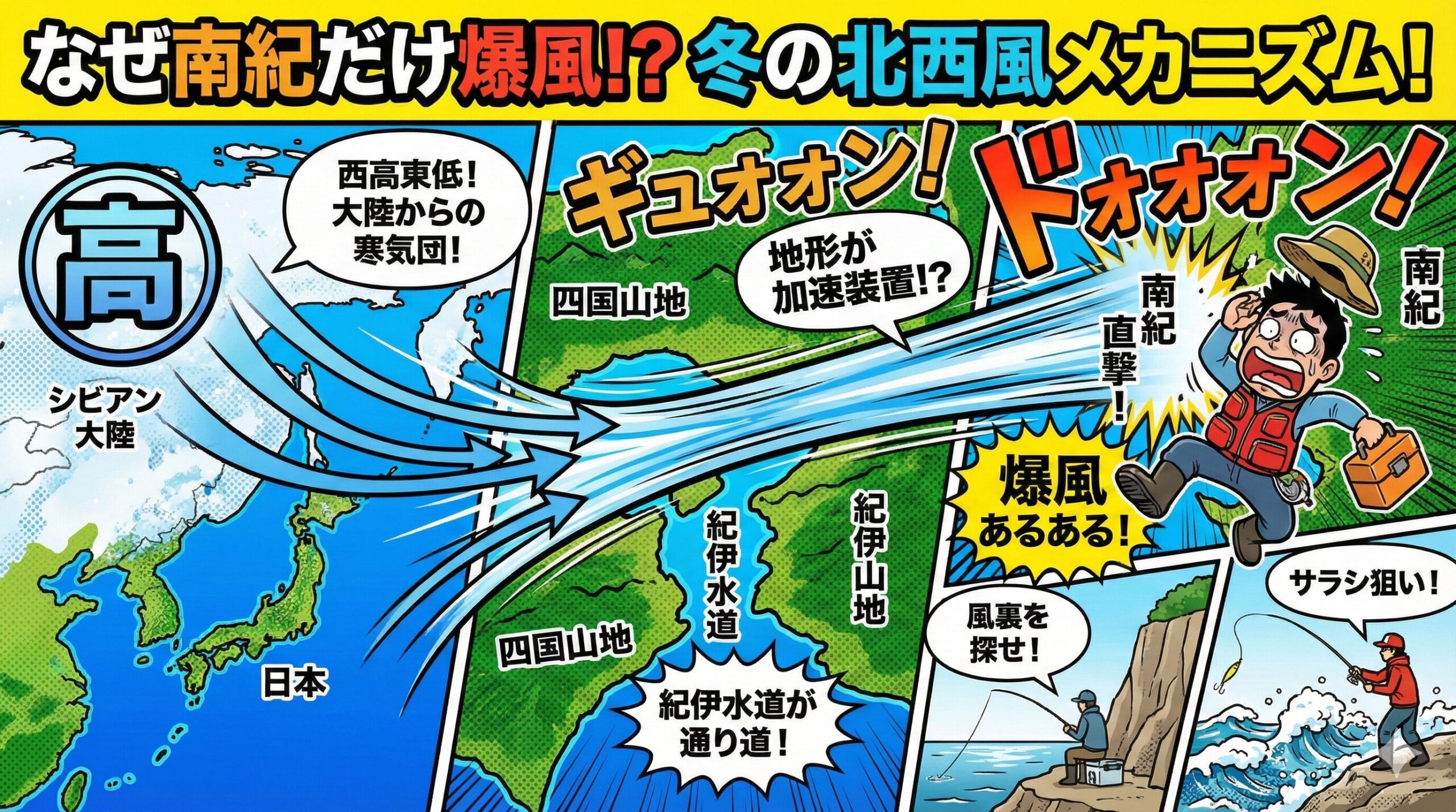 冬の南紀（和歌山県）はなぜ北西風が強いのか？ 釣り人を悩ませる「爆風」の正体は、西高東低の気圧配置と、紀伊水道の「地形」が生み出す加速装置にあり。釣太郎