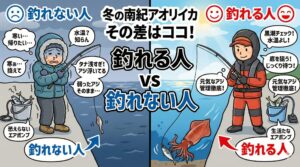 冬のアオリイカ釣り。 水温の変化に敏感になる。深場（ボトム）を意識し、じっくり待つ 。元気なアジでイカの前にエサを届ける。釣太郎
