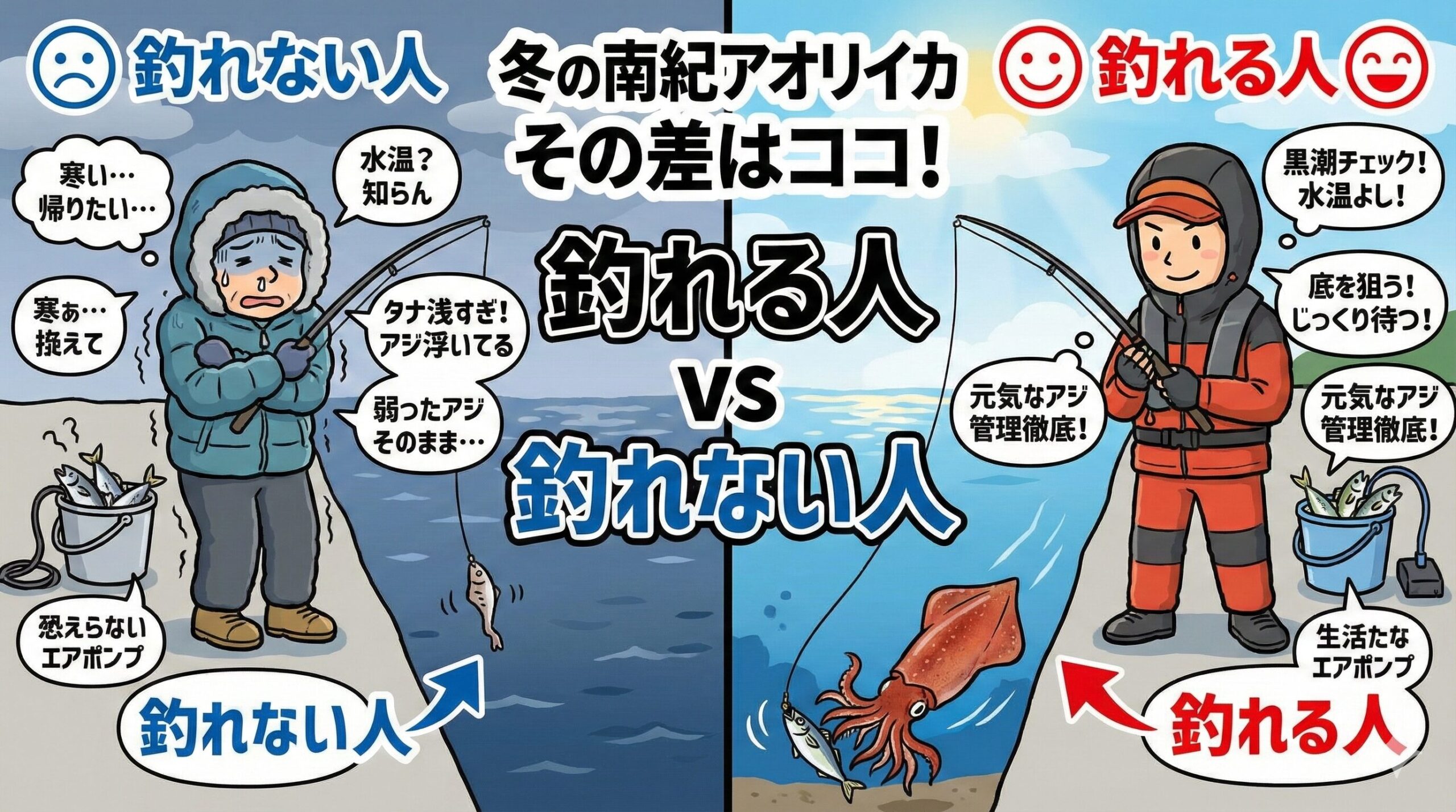 冬のアオリイカ釣り。 水温の変化に敏感になる。深場（ボトム）を意識し、じっくり待つ 。元気なアジでイカの前にエサを届ける。釣太郎