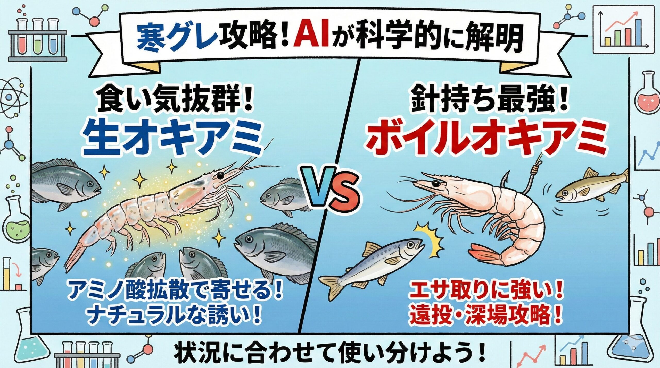 寒グレ釣り、食わせる力なら「生」（アミノ酸拡散、ナチュラルさ）届ける力なら「ボイル」（タンパク質変性による硬化）釣太郎