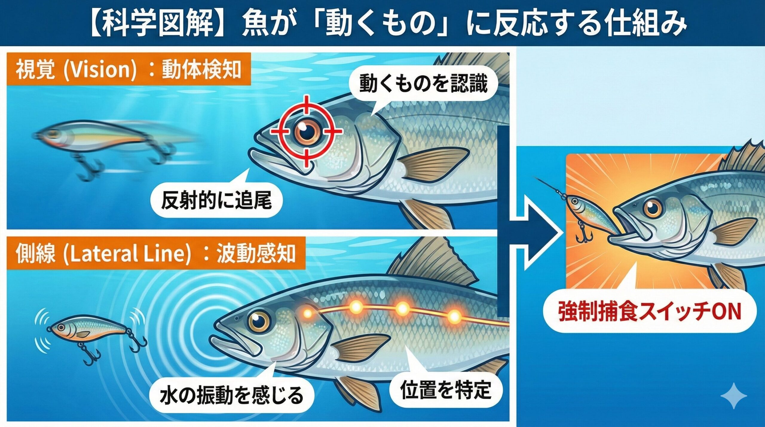 魚が動くものに反応する理由は、**「視覚による反射」と「側線による波動感知」**の2つが組み合わさっているから.釣太郎