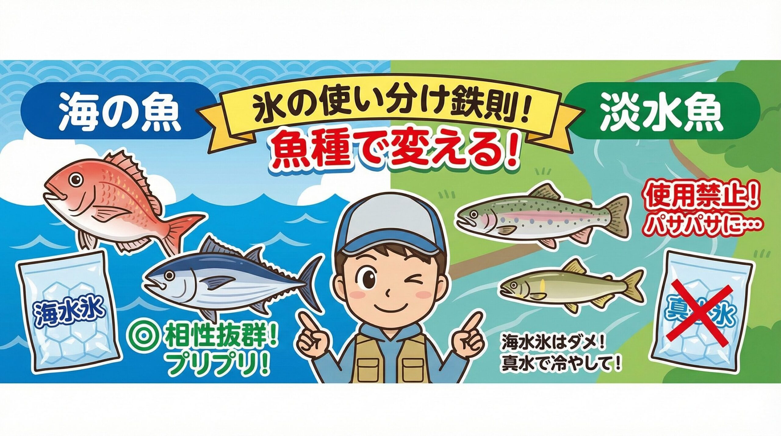 海水氷で冷却する場合、海の魚には「海水氷」（浸透圧で身を守る）。淡水魚には「真水氷」（海水氷だと脱水してしまう）。釣太郎