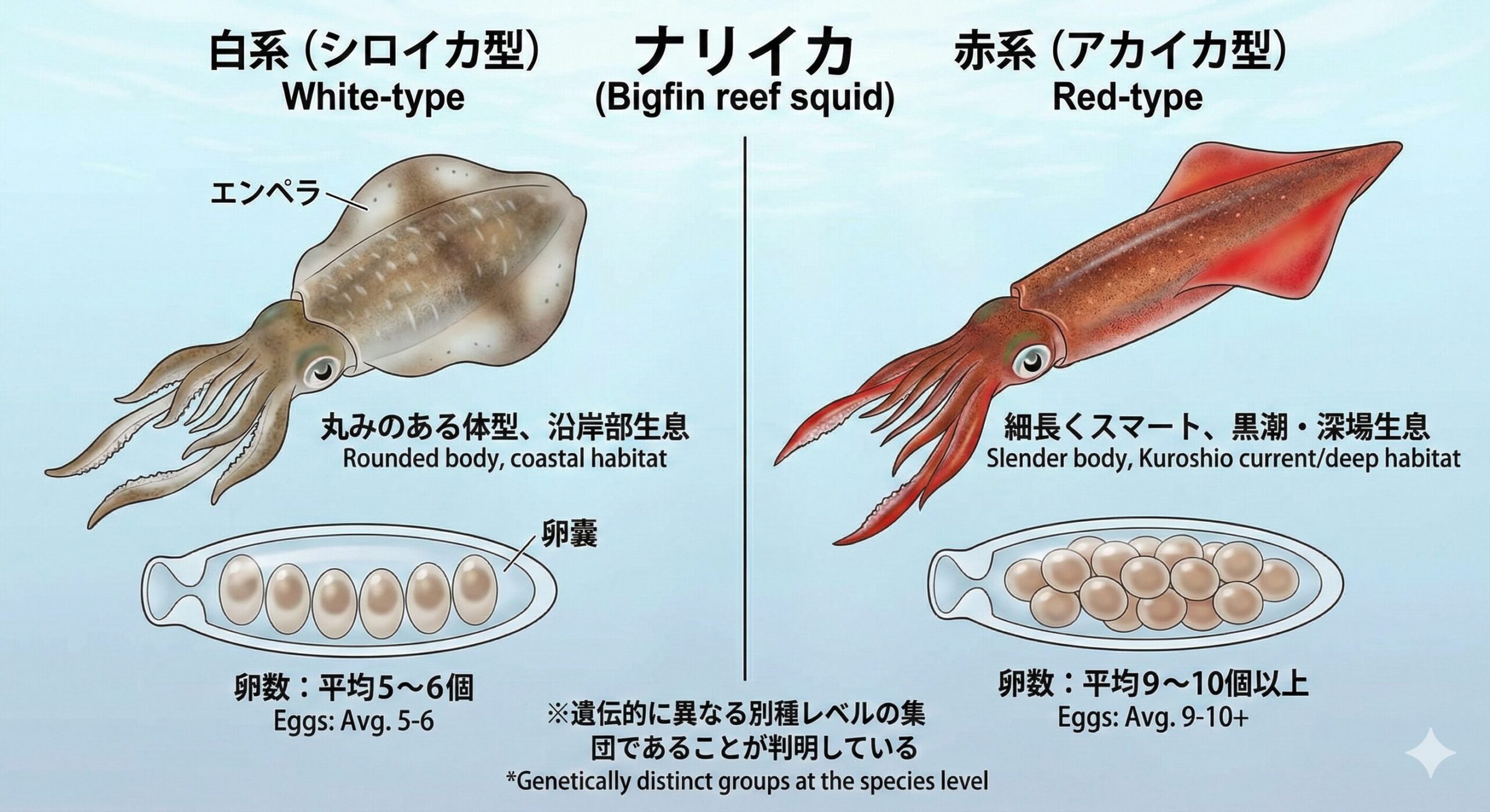 アオリイカにはシロイカ型（白系）、アカイカ型（赤系）、クアイカ型の３種がある。釣太郎