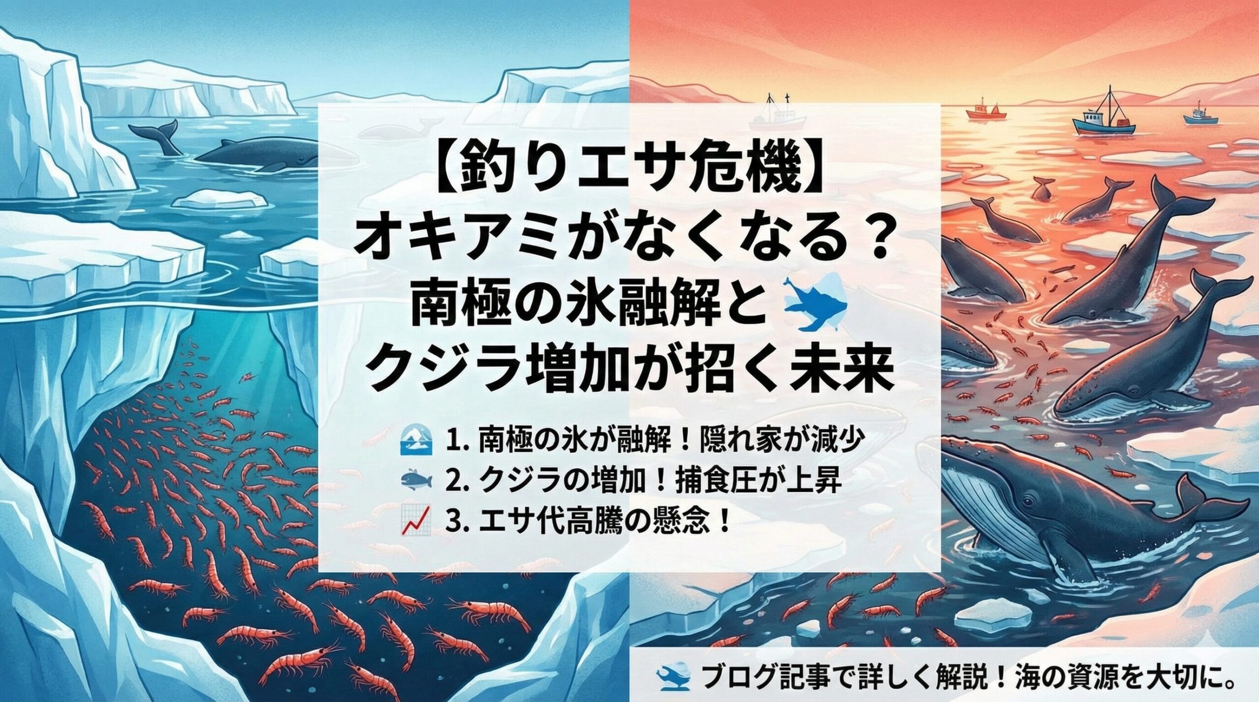 釣り人にとって不可欠なオキアミが危機に瀕しています。地球温暖化による南極の氷の減少と、保護によるクジラの増加。釣太郎