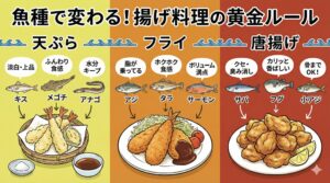 素材の味を優しく閉じ込める「天ぷら」。食感とボリュームを楽しむ「フライ」。香ばしさとパンチを加える「唐揚げ」釣太郎
