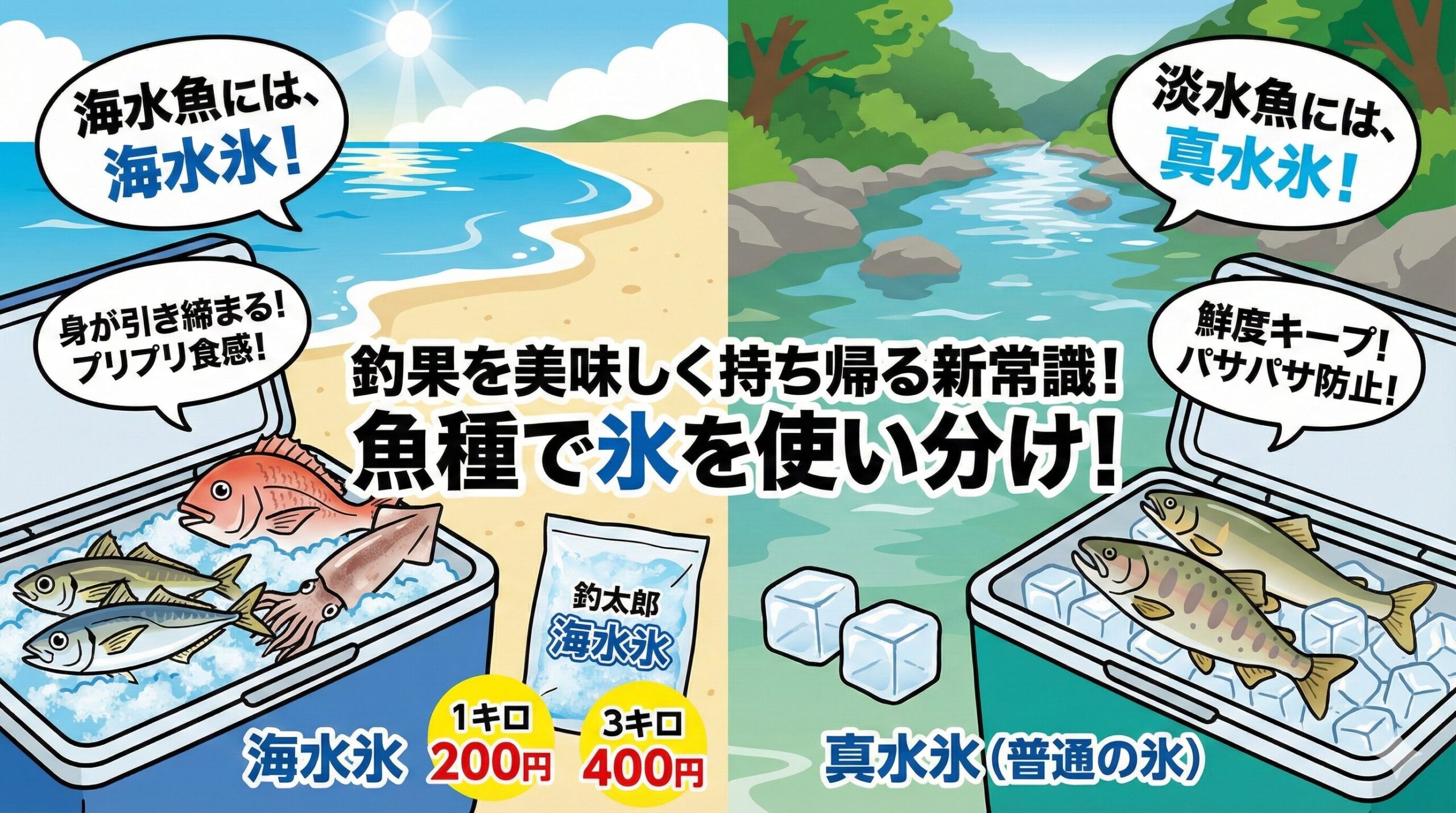 魚冷却ルール「海水魚には海水氷、淡水魚には真水氷」。この単純な方法が、食卓の笑顔を守ります。釣太郎