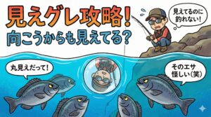 「見えている魚は釣れない」のは、水際から一歩下がる（姿を隠す）。釣太郎 仕掛けを繊細にする（違和感を消す） マキエと同調させる（自然に見せる）釣太郎