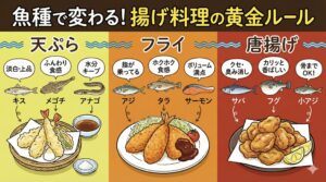 魚種ごとの特徴と、それに基づいた最適な揚げ料理（天ぷら、フライ、唐揚げ）釣太郎