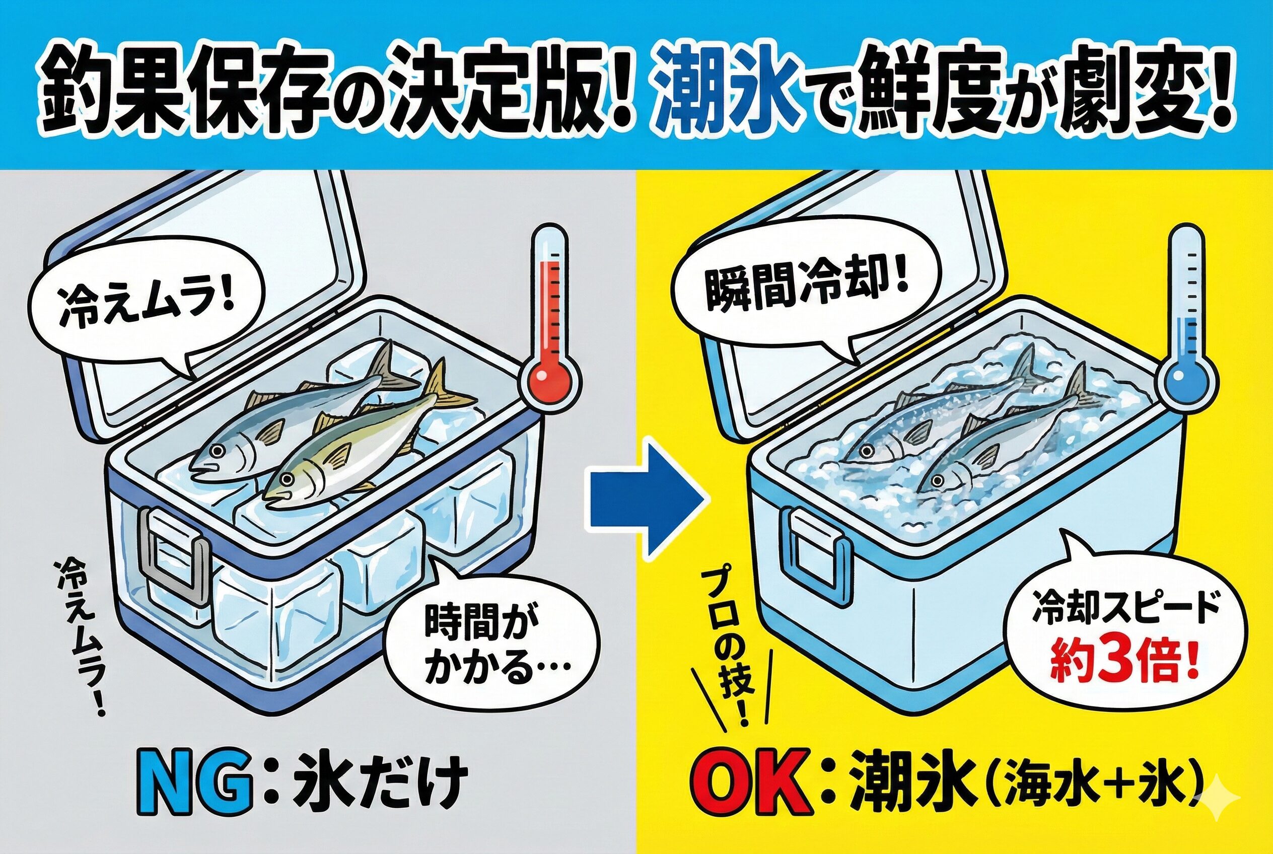 最初は潮氷（氷＋海水）で瞬殺、帰りは水気を切って保冷が正解。メリットは圧倒的な冷却スピードと全体を均一に冷やす力。夏の暑い時期や、サビキ釣りでアジやイワシが大漁の時こそ真価を発揮します。釣太郎
