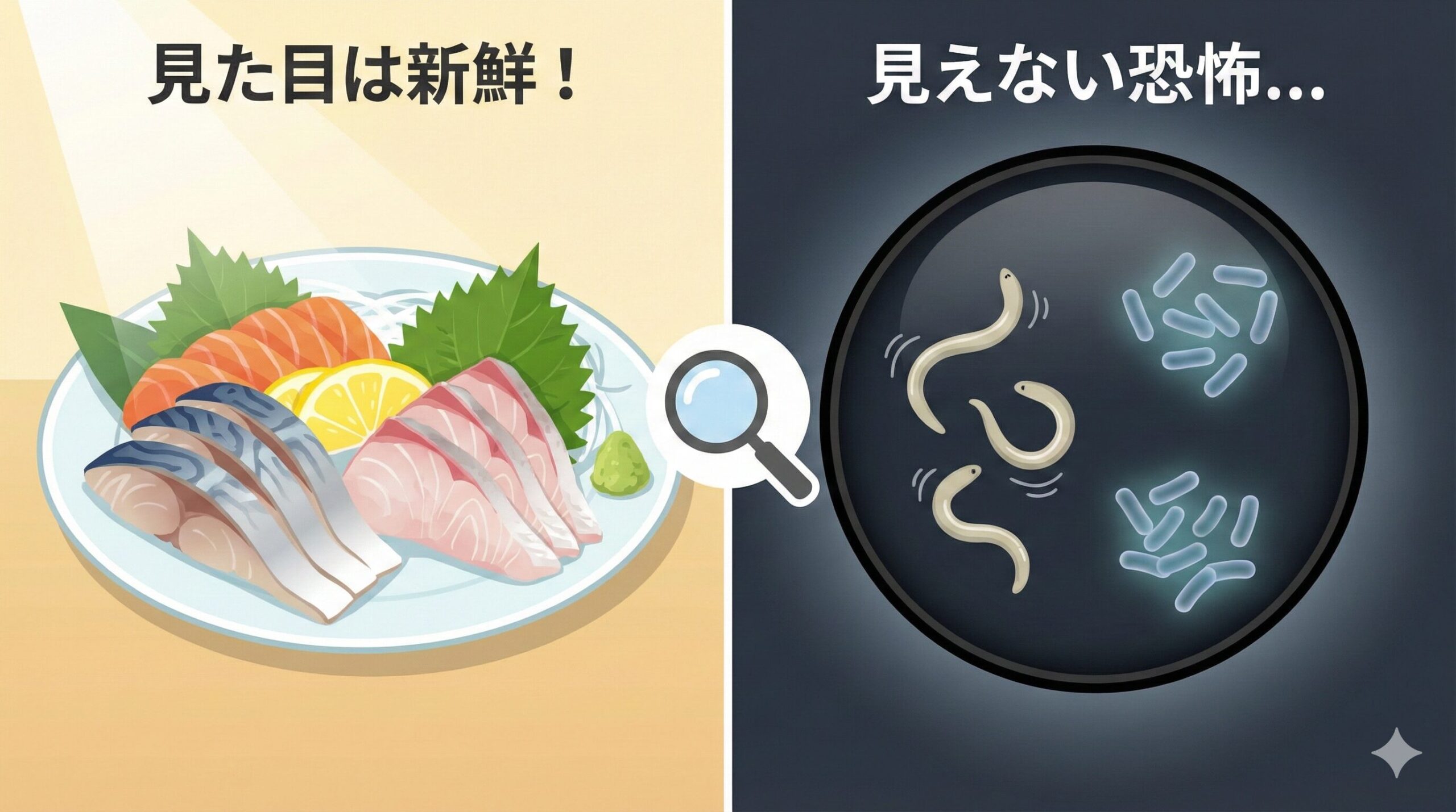 「変な匂いがしないから大丈夫」という過信は捨てましょう。 食中毒菌や寄生虫は、忍者やスパイのように気配を消して潜んでいます。釣太郎