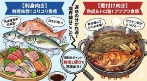 刺身と煮付けの境界線は、魚の種類だけで決まるものではありません。 「今の魚の状態（硬さ）」と「持っている脂・ゼラチン質」を見て判断するのが正解。釣太郎