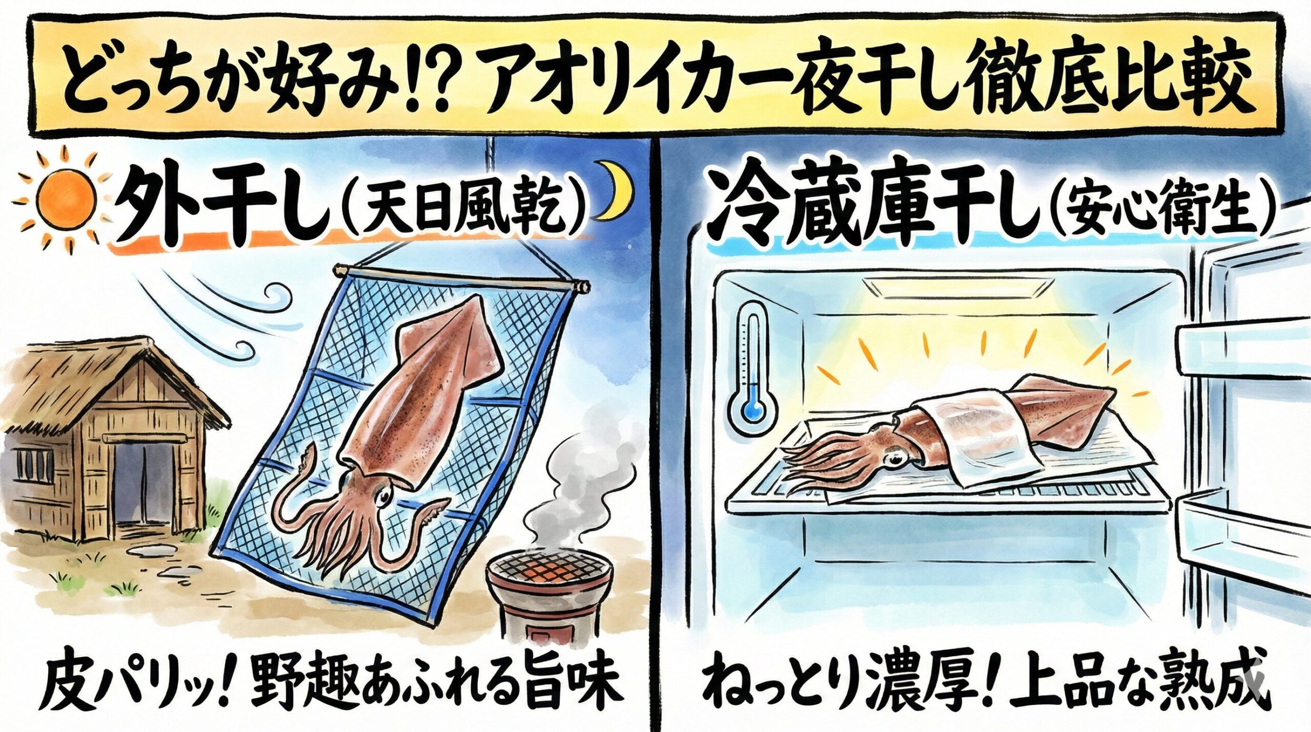 アオリイカのひもの、「パリッとした皮目の香ばしさ」を求めるなら外干し、「ねっとりとした均一な熟成」を求めるなら冷蔵庫干し。釣太郎