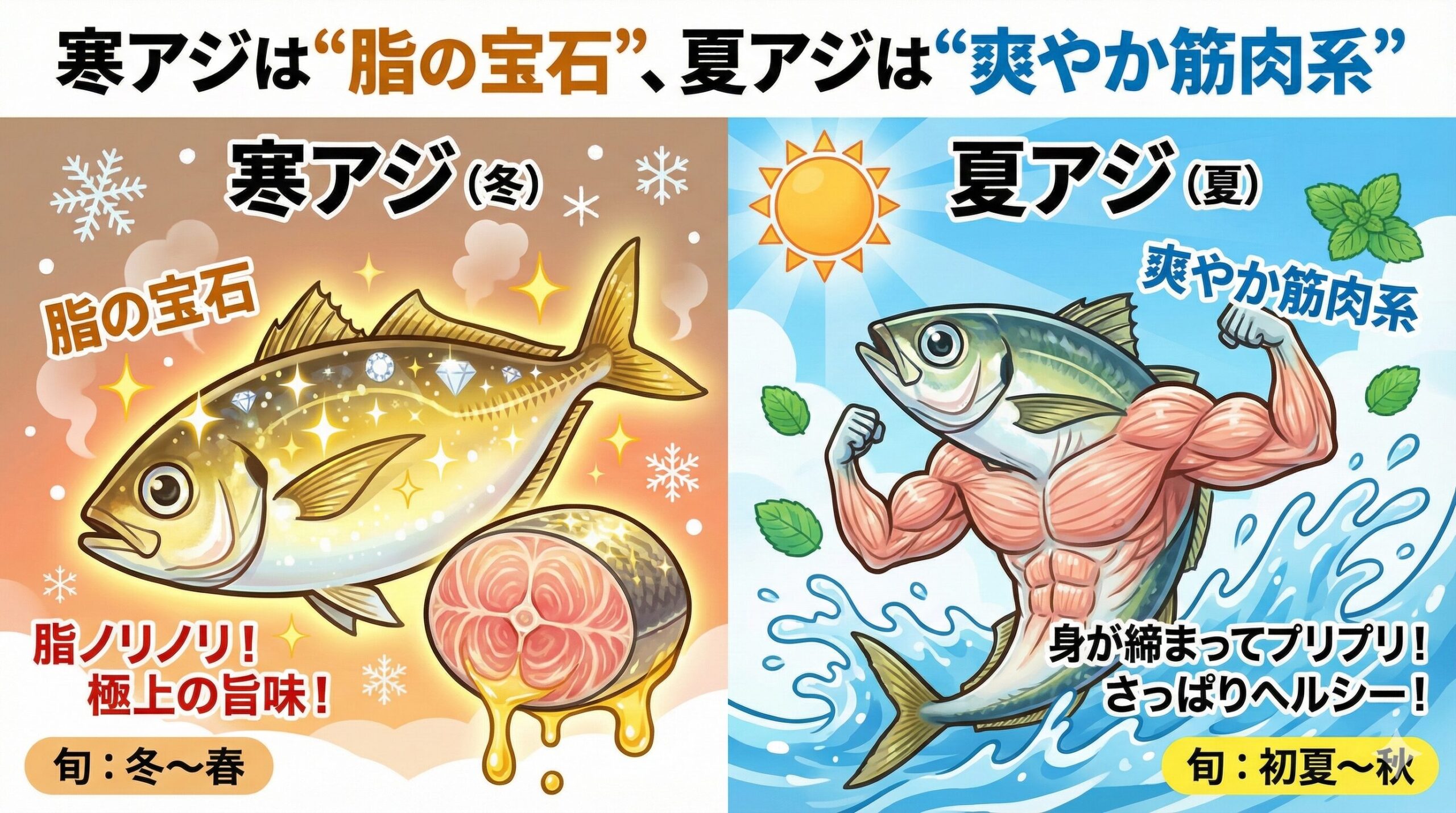 寒アジは脂が乗り、濃厚な旨味で刺身に最適。 夏アジはさっぱりしていて、フライや塩焼きにぴったり。釣太郎