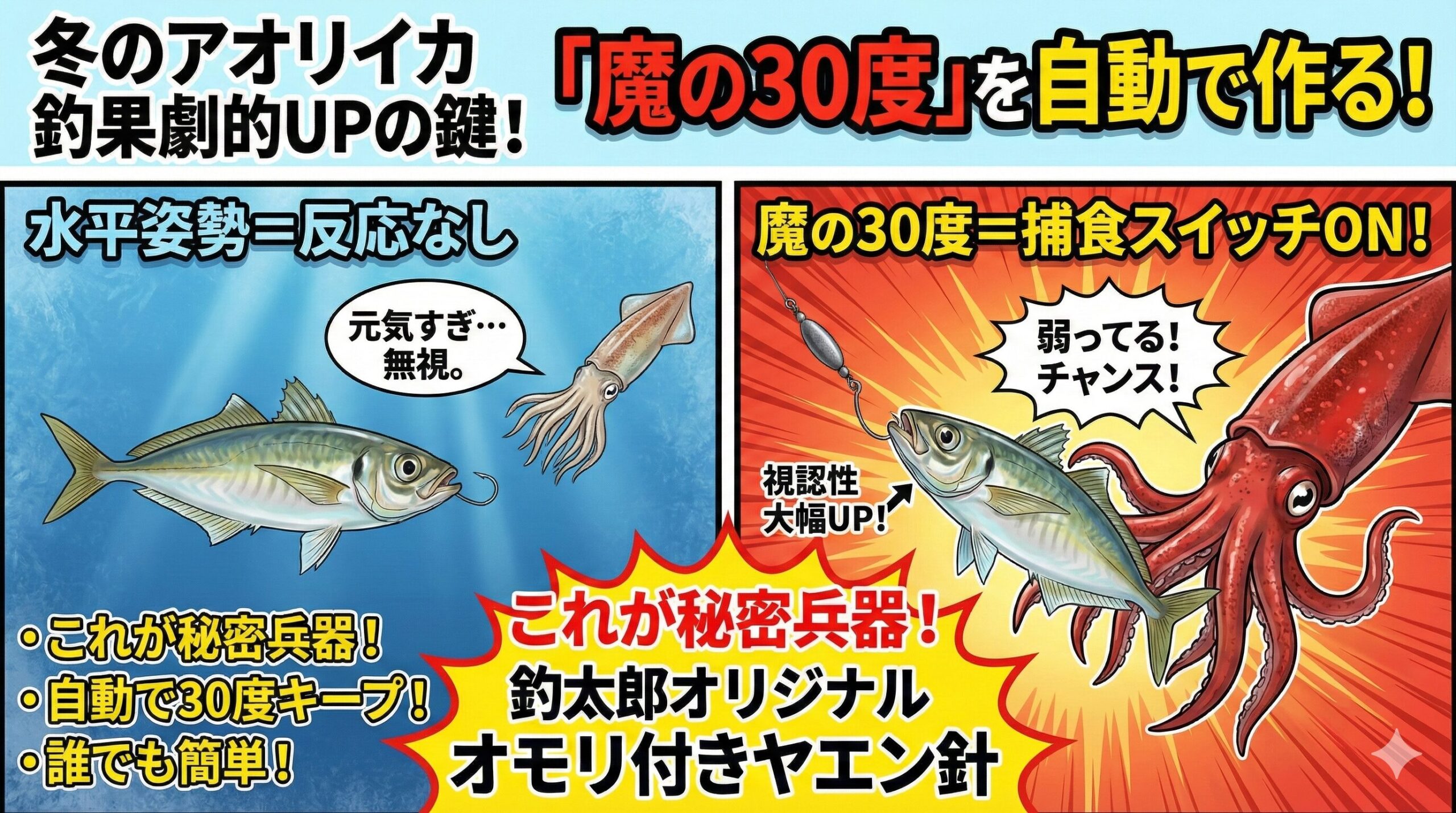 アジの頭を30度を意識し、それを自動的に作り出してくれる釣太郎オリジナルオモリ付きヤエン針を活用することで、あなたの釣果は確実に変わるはずです。