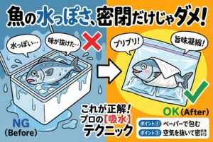 魚の水っぽさを完全に消すための方程式は以下の通り。【 正解の方程式 】 密閉（水の侵入防止）＋ 吸水（ドリップ除去）＋ 脱水（塩締め） ＝ 旨味凝縮。釣太郎