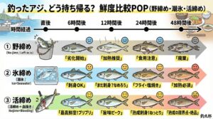 小中アジは 迷わず「氷締め（潮氷）」へ。 手返し良く釣って、冷やす。 25cm以上の良型アジ活締めをして、丁寧に持ち帰るのがベスト。釣太郎