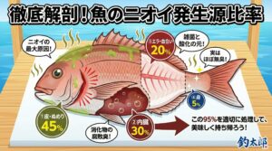 魚の臭いの正体は、皮・ぬめり45％、内臓30％、エラ・血20％。 釣太郎