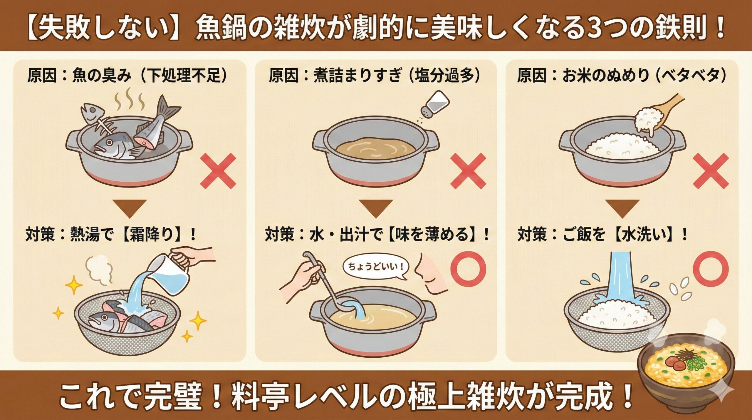 魚鍋料理の後の雑炊、霜降りで臭みを消す。 水足しで塩分調整。 米洗いでぬめり除去がベスト。釣太郎