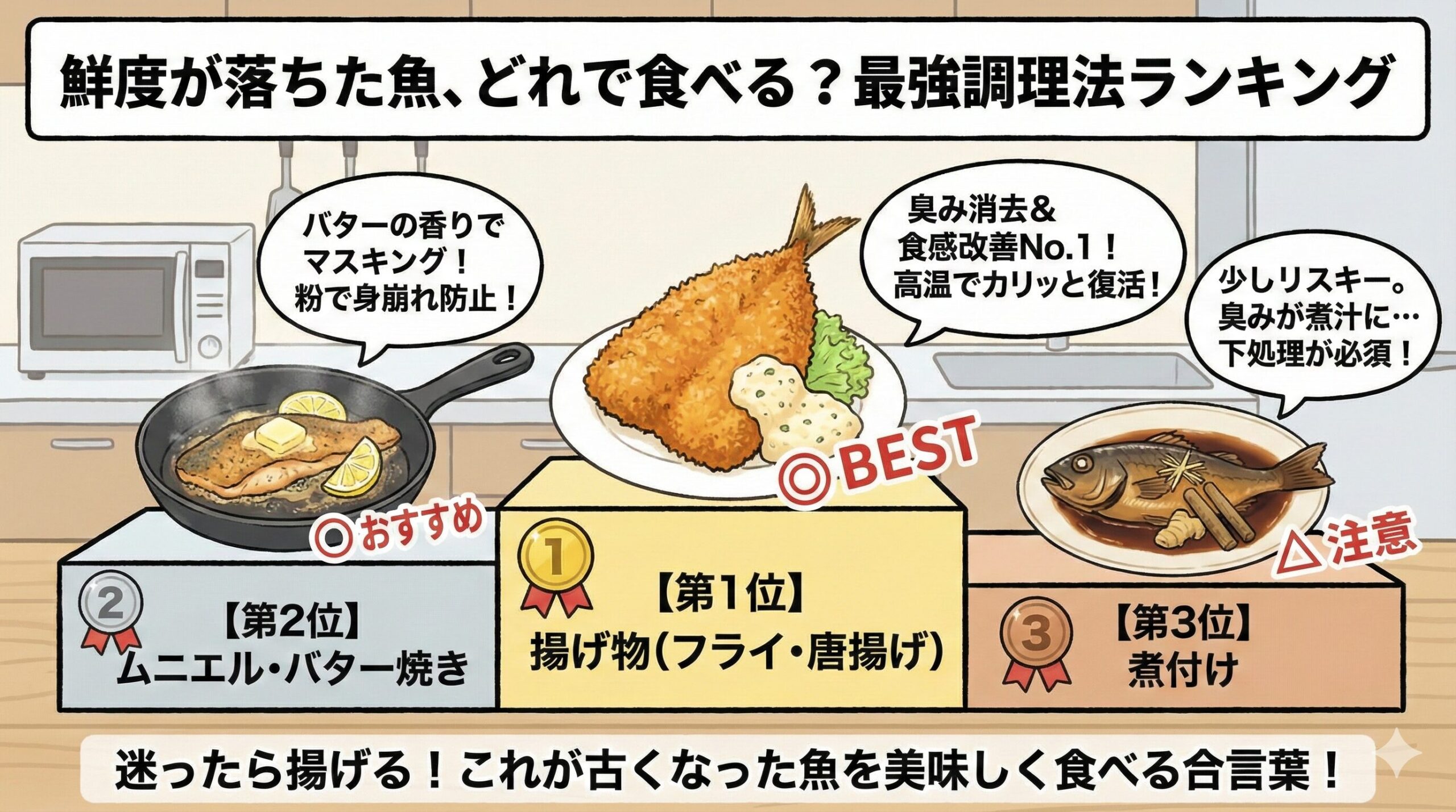 鮮度が落ちた魚の調理法。少し日が経ったかな？ → 煮付け → ムニエル・バター焼き。臭いや身の柔らかさが気になる → 揚げ物（フライ、唐揚げで完全復活）。釣太郎