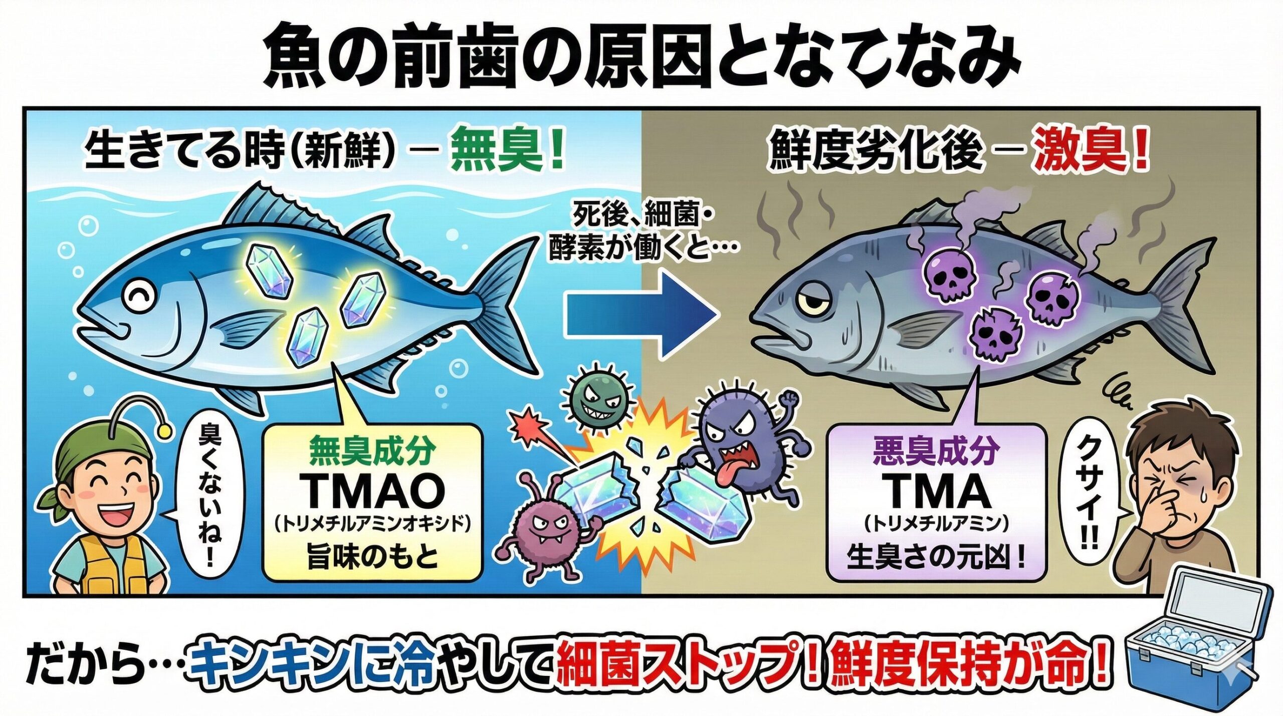 「魚臭さ」は、魚が本来持っている臭いではなく、死後の変化によって作られるもの。釣太郎