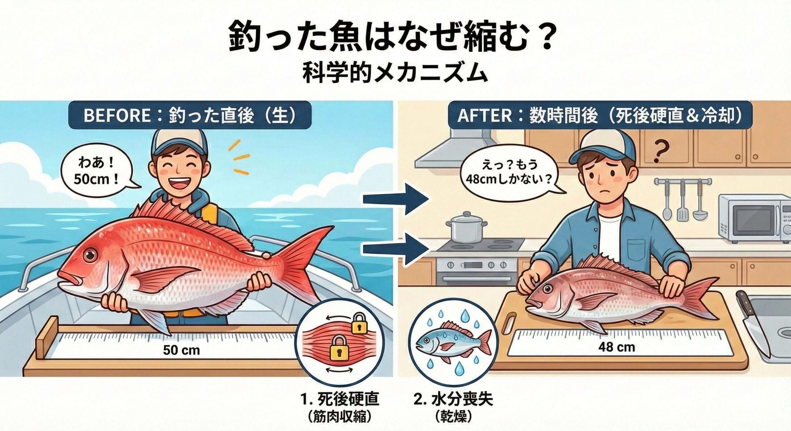 釣った魚が縮むのは、筋肉の収縮（死後硬直）と水分の減少による自然な現象です。釣太郎