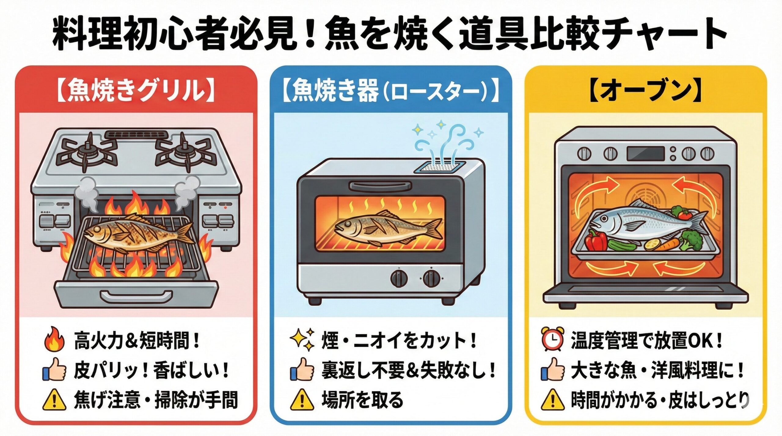魚焼き料理、手っ取り早く、美味しい「塩焼き」を食べたい人 → 「魚焼きグリル」。部屋のニオイが気になる → 「魚焼き器（ロースター）」 。 焦がすのが怖い、洋風の魚料理を作りたい人 → 「オーブン」釣太郎