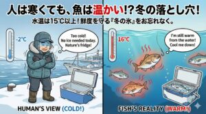 「人間が感じる寒さ」と「魚の鮮度維持に必要な温度」は全く別物です。 冬の魚は、人間が思う以上に「温かい」状態で釣れています。釣太郎