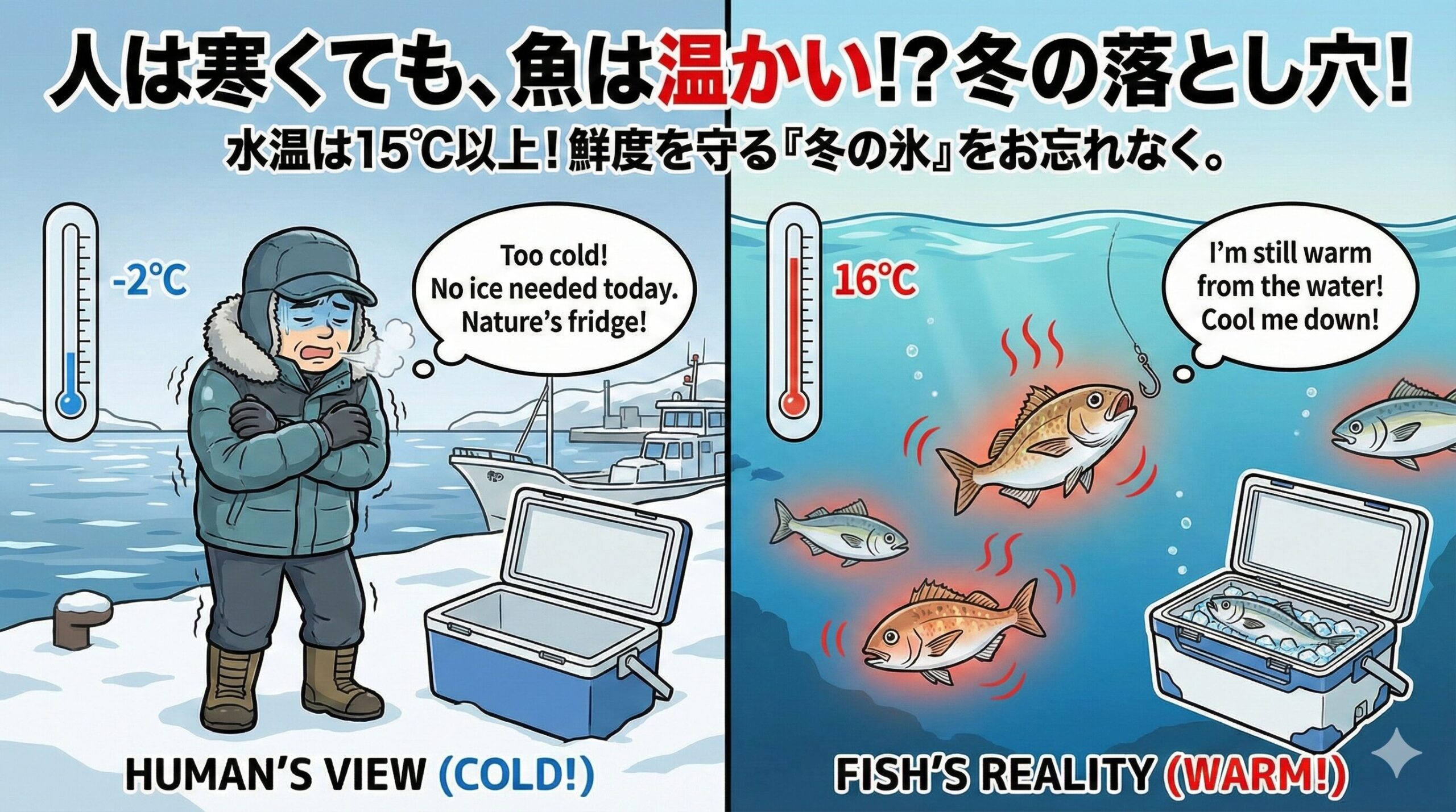 「人間が感じる寒さ」と「魚の鮮度維持に必要な温度」は全く別物です。 冬の魚は、人間が思う以上に「温かい」状態で釣れています。釣太郎