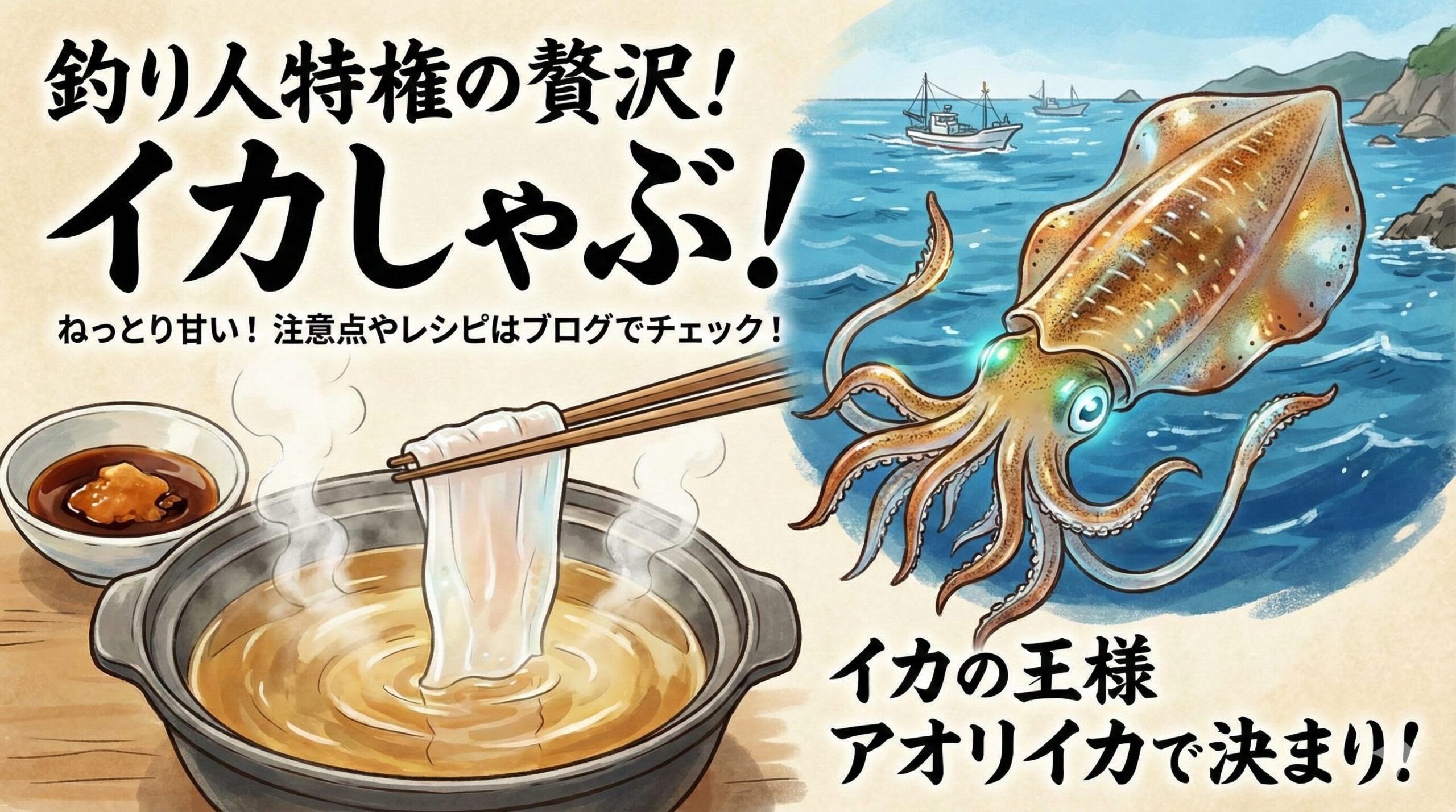 自分で釣ったアオリイカでやるイカしゃぶは、お店で食べる何倍も美味しいですよ。釣太郎