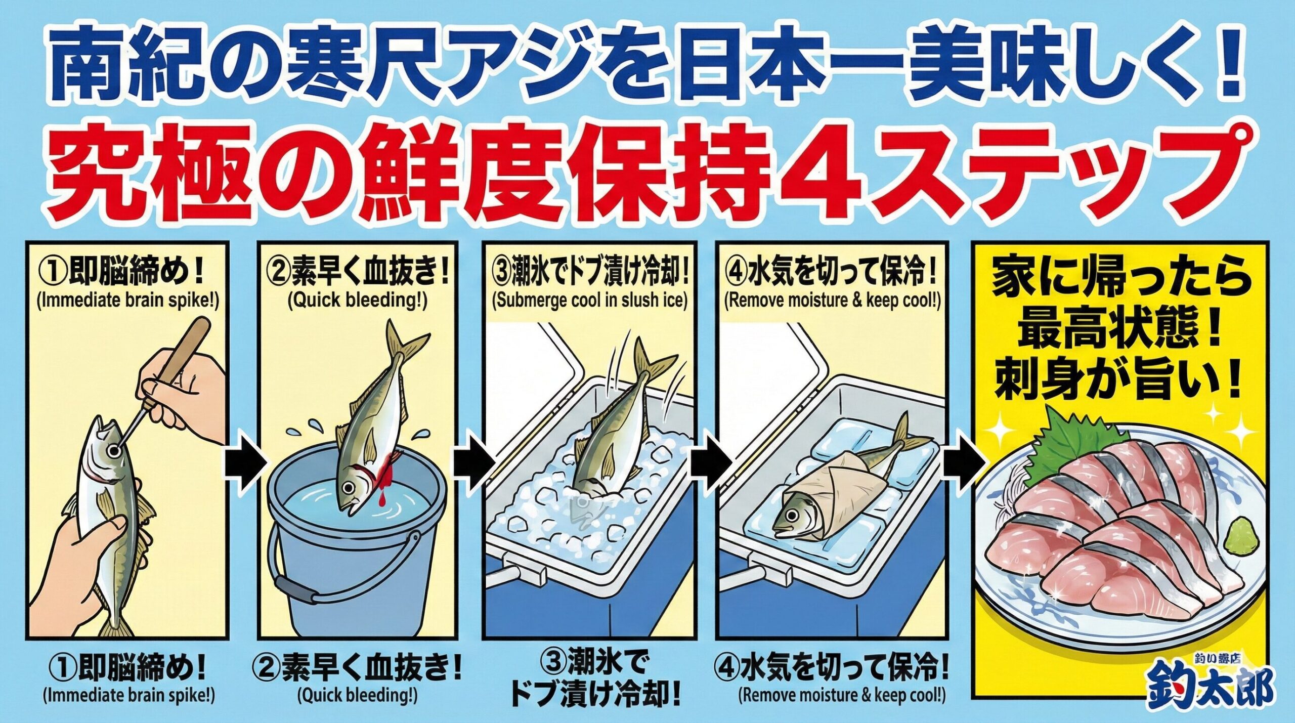 南紀の寒尺アジを日本一美味しく食べる手順は、釣れた瞬間に脳締め。素早く血抜き（臭み除去）。潮氷で瞬時に芯まで冷却（鮮度ロック）。水気を切って持ち帰る（身質の保護）釣太郎