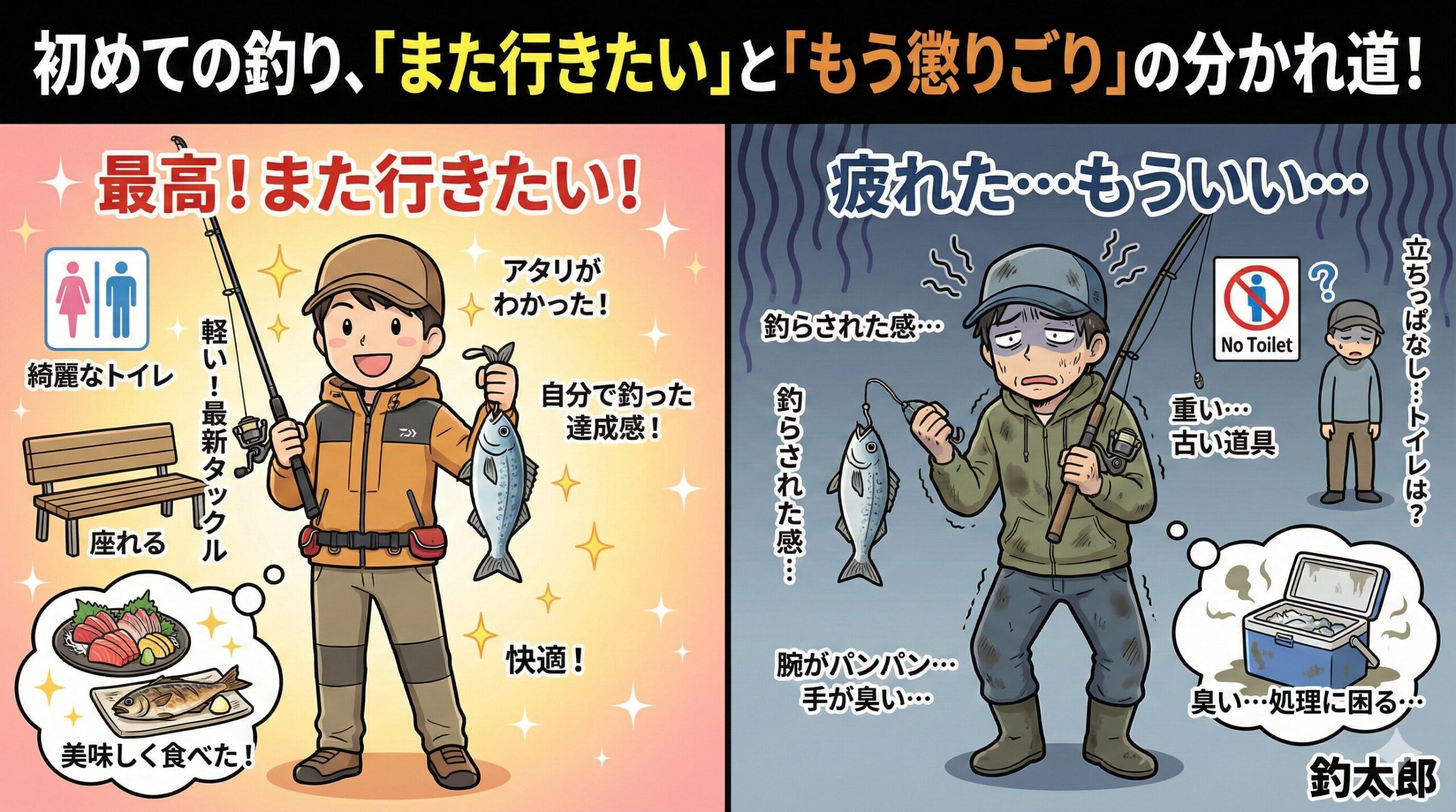 違いは「釣り方」ではなく「心の持ちよう」二人が同じ場所・同じ時間・同じ釣果でも感じ方が真逆なのは、釣りを「結果の手段」ではなく「体験そのもの」として楽しめるかどうか。釣太郎