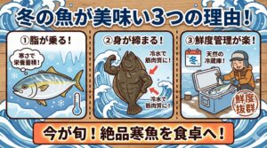 冬の魚が美味しい理由は、厳しい寒さを乗り越え、次世代を残すために、本能的にエサを食い溜め、体内に脂肪を蓄積させるため。釣太郎