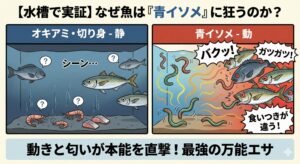 水槽で魚名を上が燃飼育しているが、オキアミ、アミエビ、魚切り身より青イソメの方が断然食いつきがいい。釣太郎
