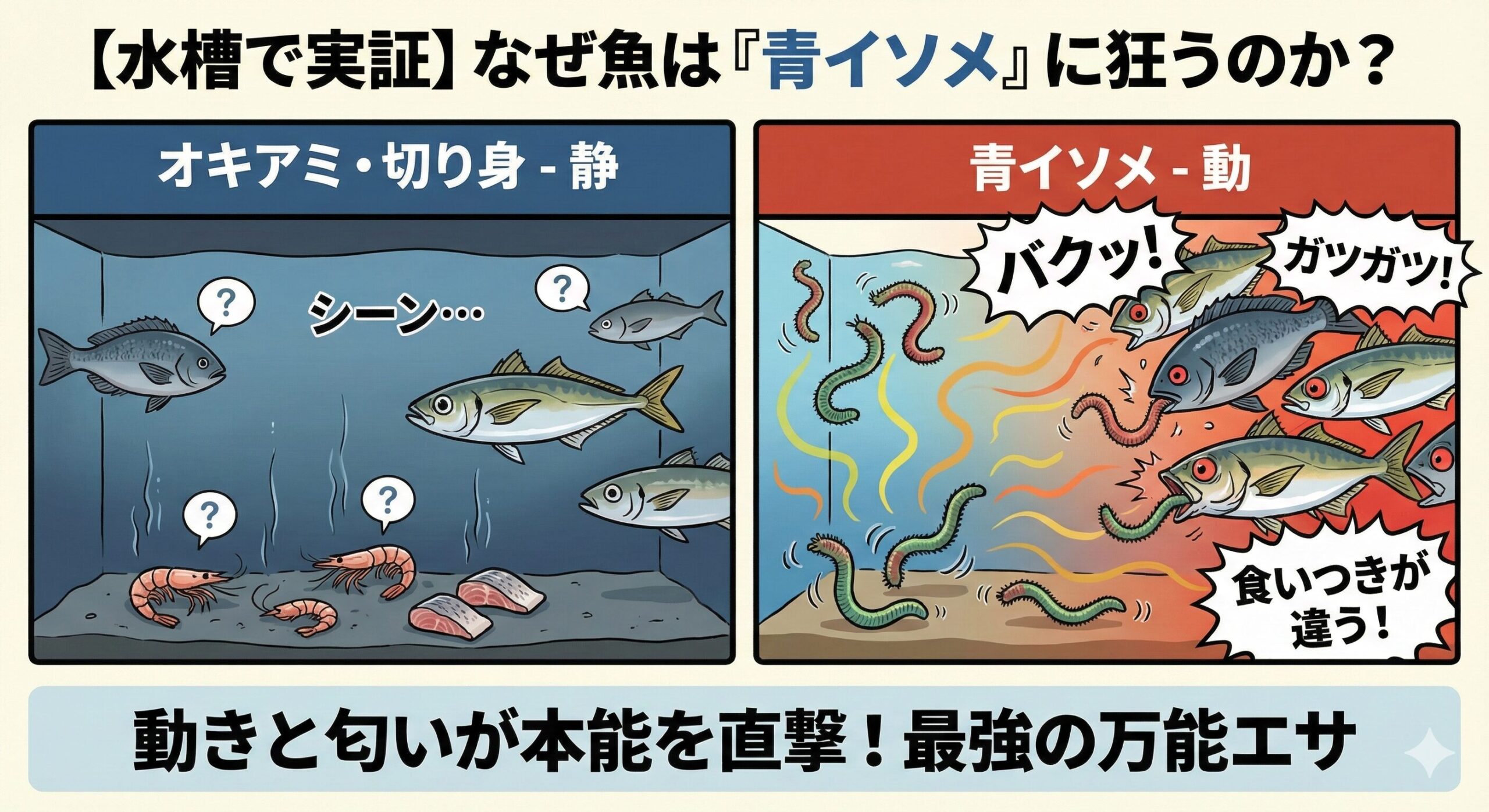 水槽で魚名を上が燃飼育しているが、オキアミ、アミエビ、魚切り身より青イソメの方が断然食いつきがいい。釣太郎