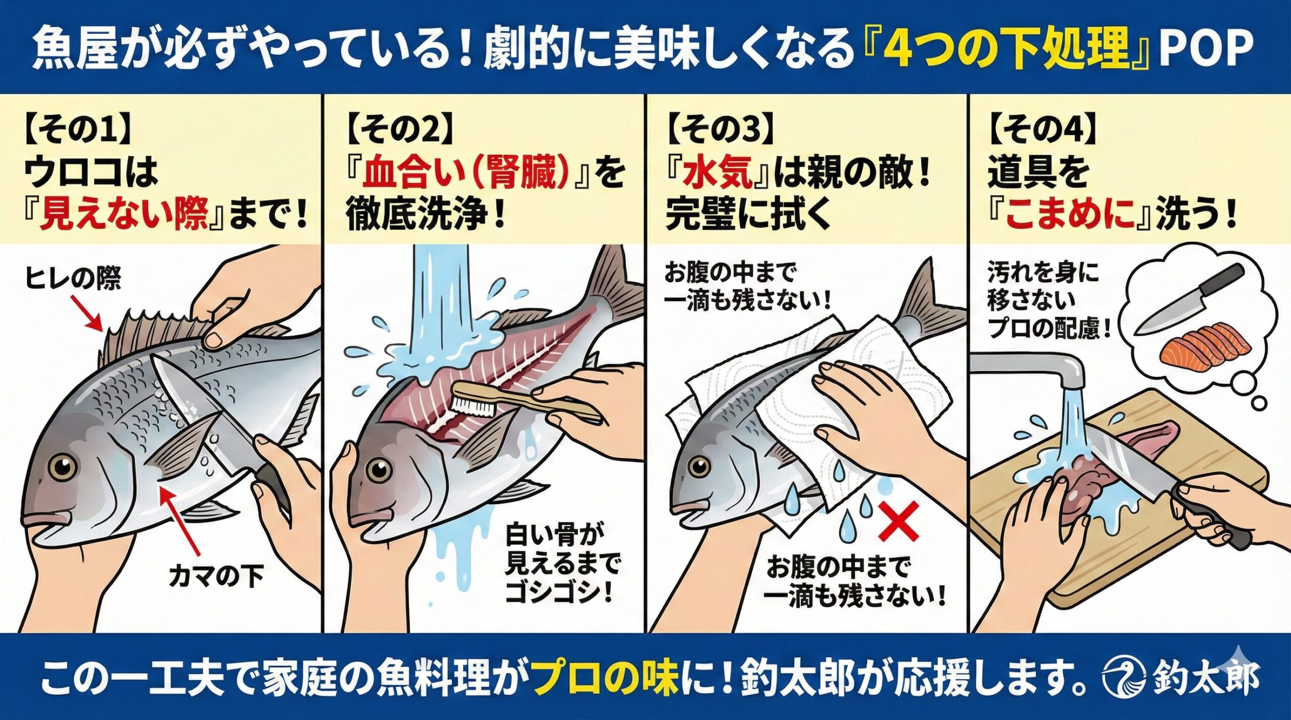 魚の下処理で味が変わる。丁寧な仕事が「ご馳走」を作る。特別な道具も技術も必要ありません。細かいウロコを取る。血合いをブラシで洗う。水分を完璧に拭く。道具を洗う。釣太郎