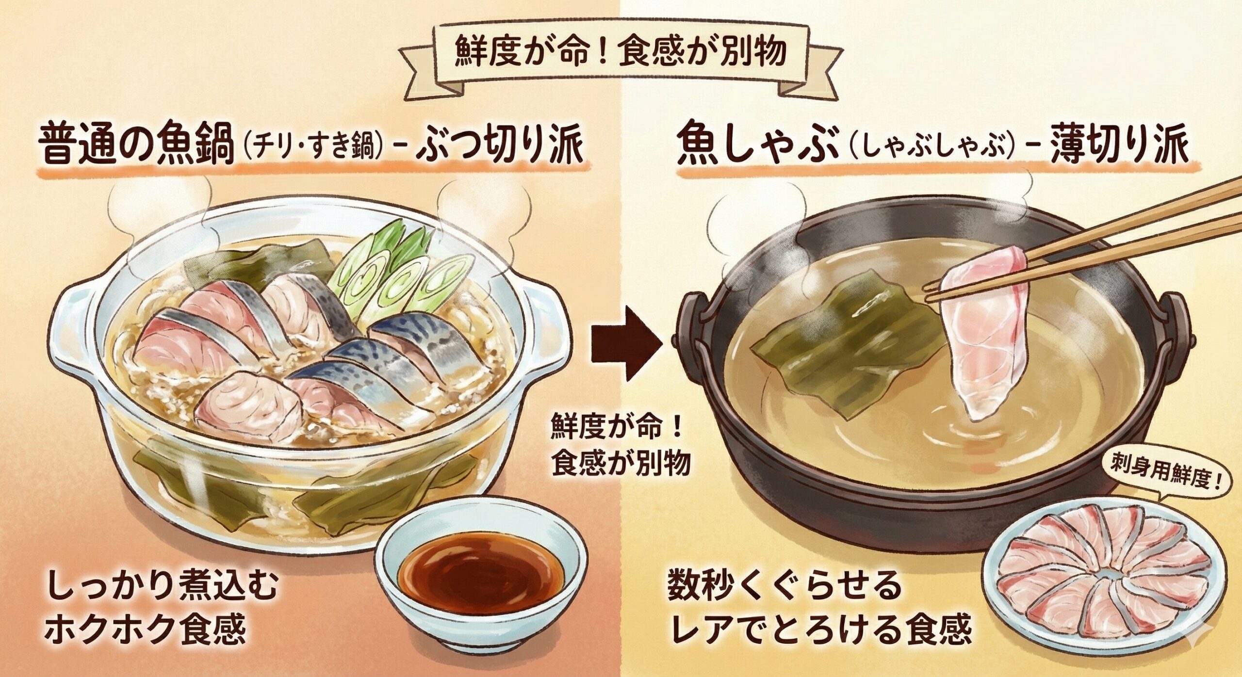 魚しゃぶは「温かい刺身」という新ジャンル。脂の強い魚（ブリ）や、皮が旨い魚（タイ、グレ）はしゃぶしゃぶが最適。必ず「刺身用」の鮮度抜群な魚を使うこと。釣太郎