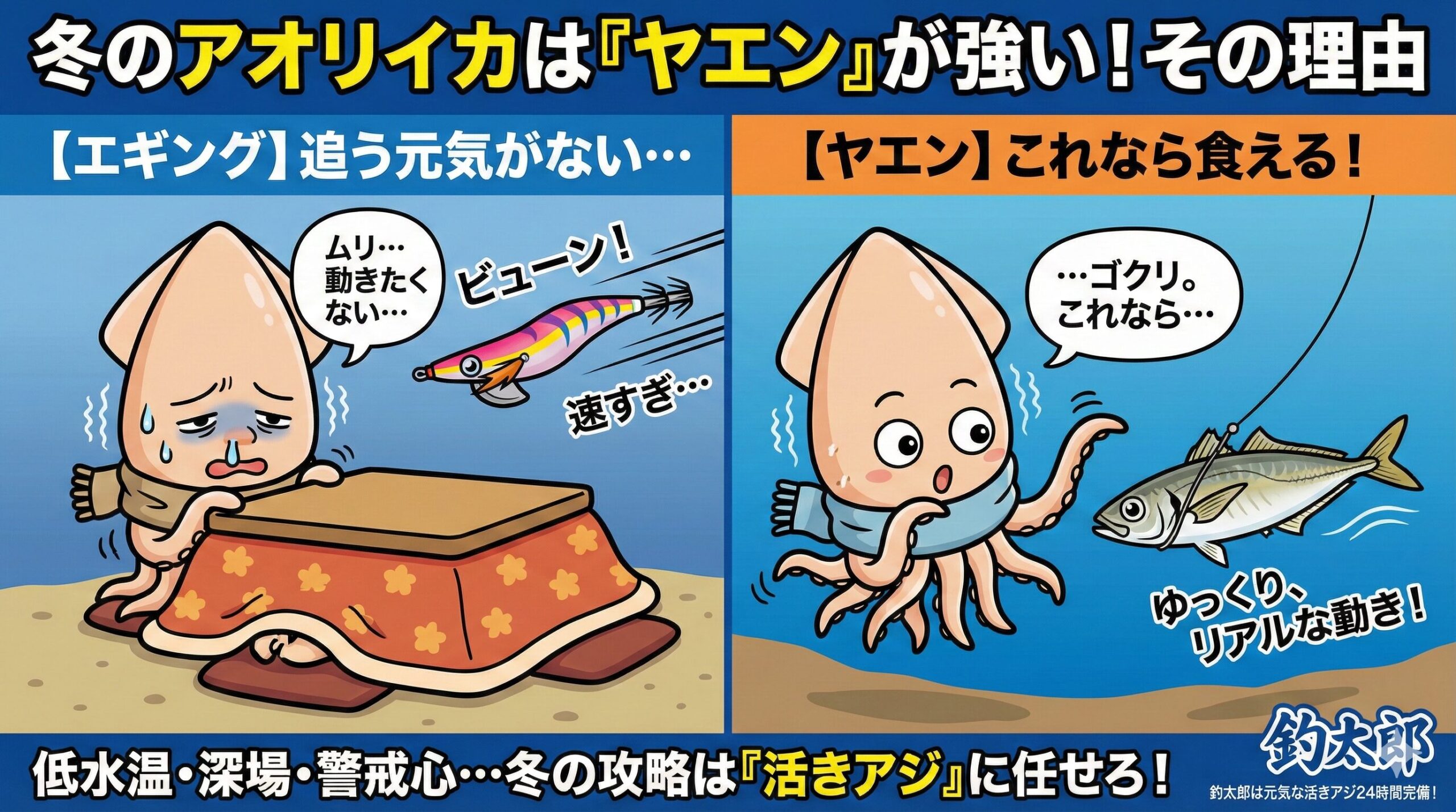 【冬のアオリイカ】なぜエギングより「ヤエン」が釣れるのか？寒場に強い3つの理由。釣太郎