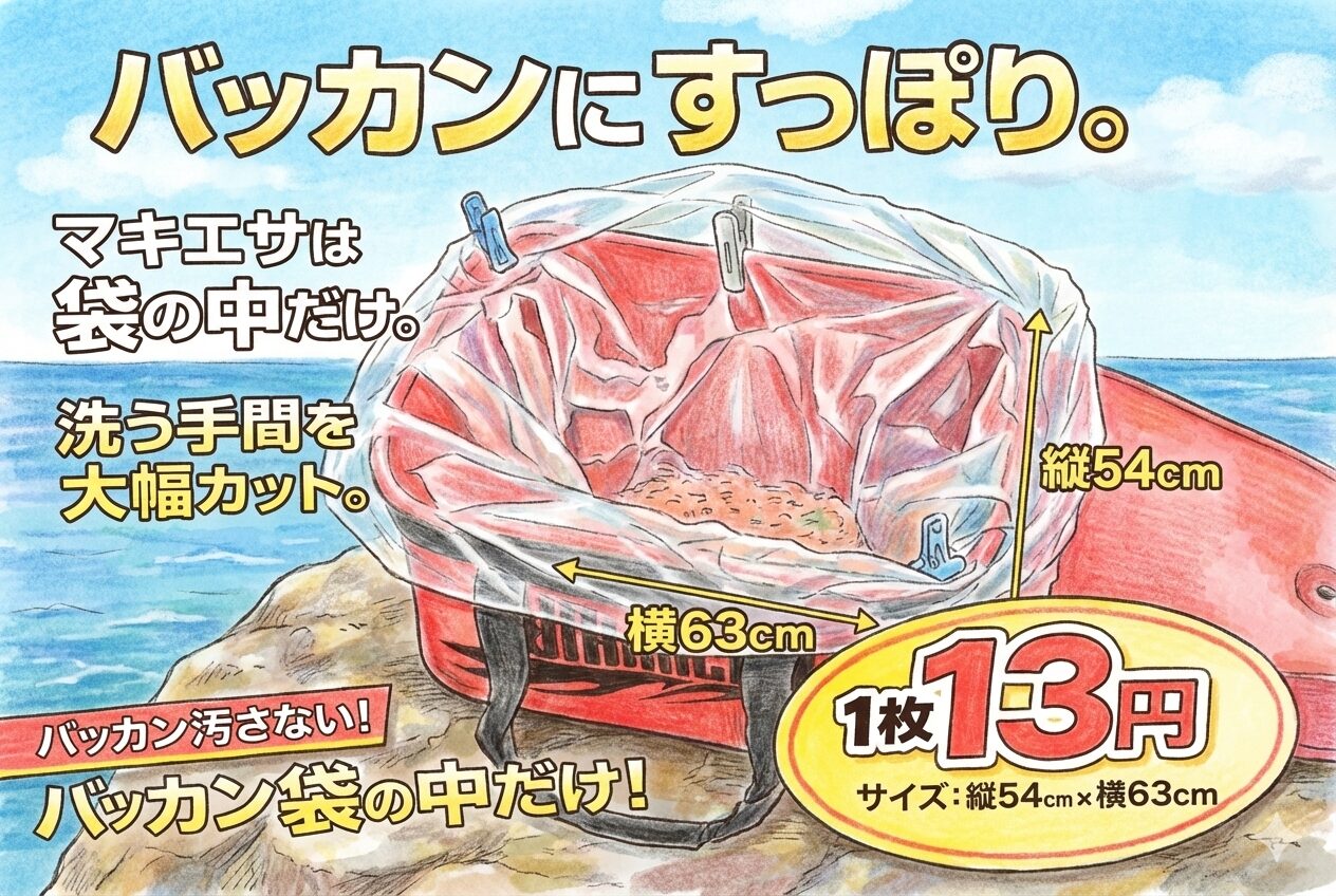 コスパ抜群の1枚13円 サイズは「縦54cm × 横63cm」と余裕のある大きさで、36cmや40cmの標準的なバッカンにすっぽりと収まる袋。釣太郎