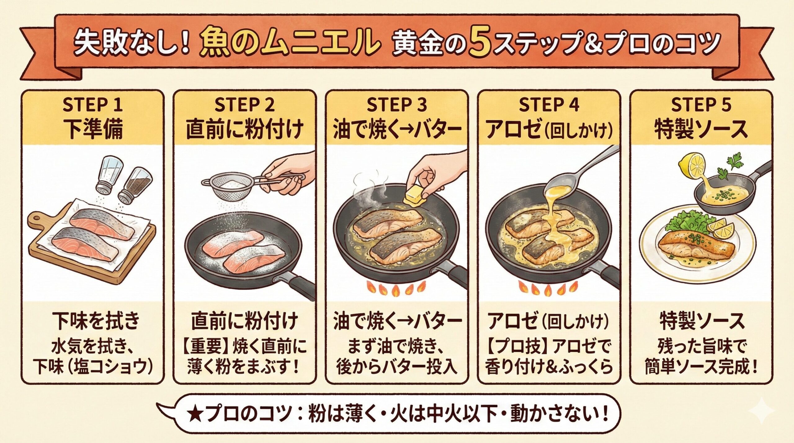魚料理ムニエルは、「水気を取る」「直前に粉をまぶす」「バターは後入れ」という基本さえ守れば、劇的に美味しくなります。釣太郎