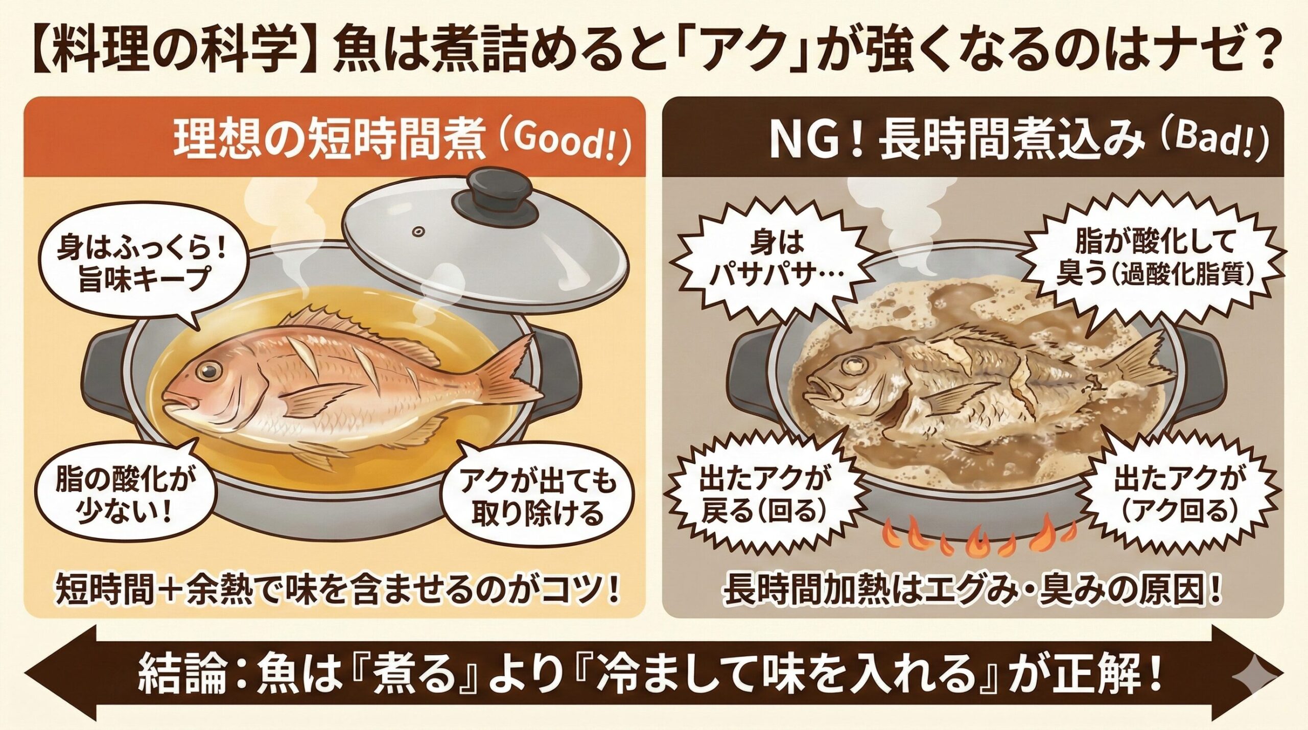 魚料理における「煮詰めすぎ」は、酸化とアクの戻りを招くＮＧ行為。「魚は短時間で、余熱で味を含ませる」釣太郎