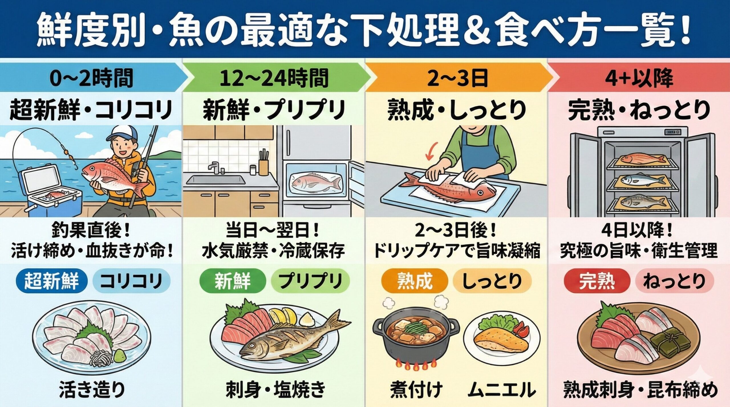 魚の美味しさは「鮮度」×「下処理」で決まります。 その日の晩に食べるコリコリの刺身も最高ですが、数日寝かせて旨味が乗った魚もまた格別。釣太郎