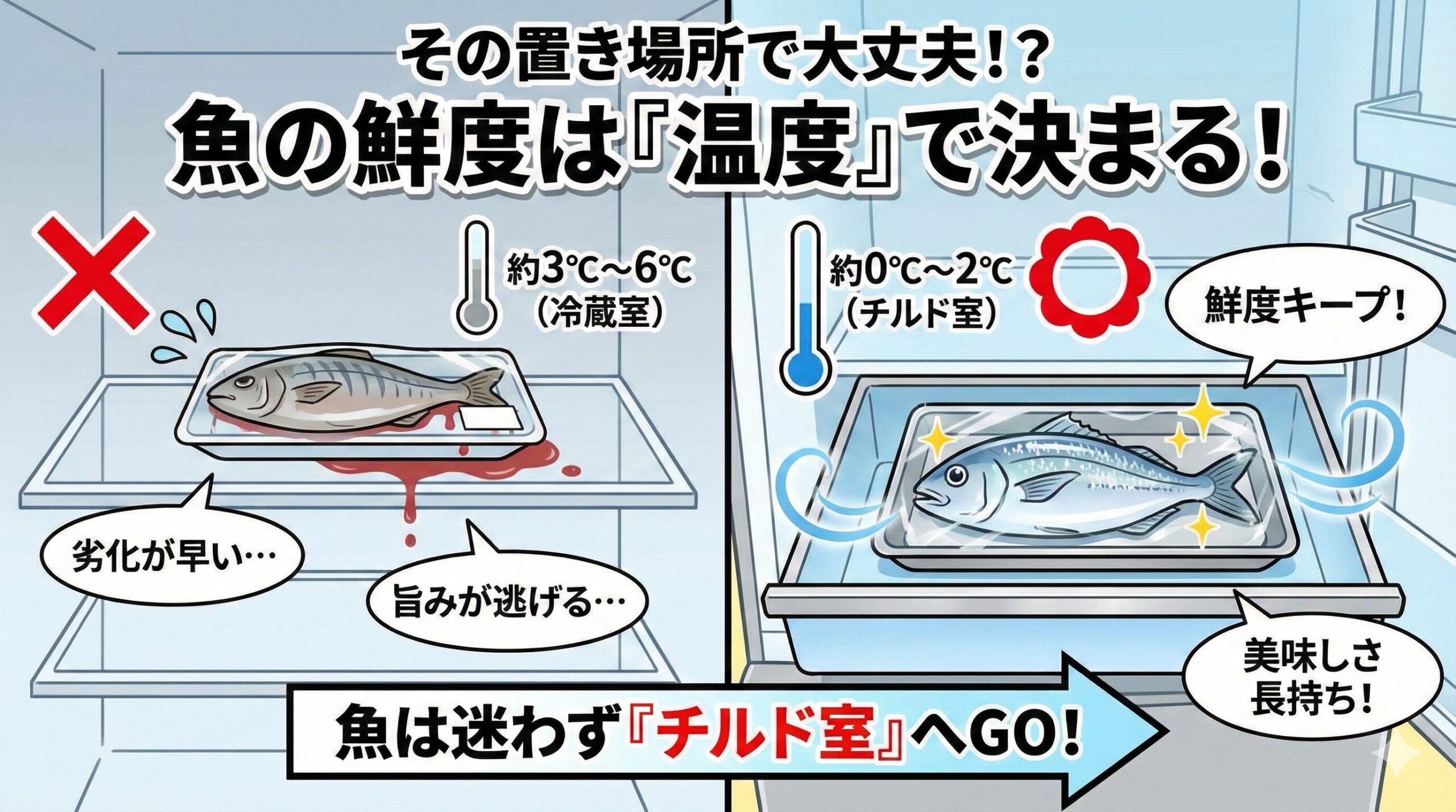 冷蔵庫内の置き場所で、魚の味は変わる。 基本は「チルド室0℃～2℃）」に入れる。 チルド室がない場合は「冷蔵室の最下段奥」へ。水気を取り、空気を遮断して保存する。釣太郎