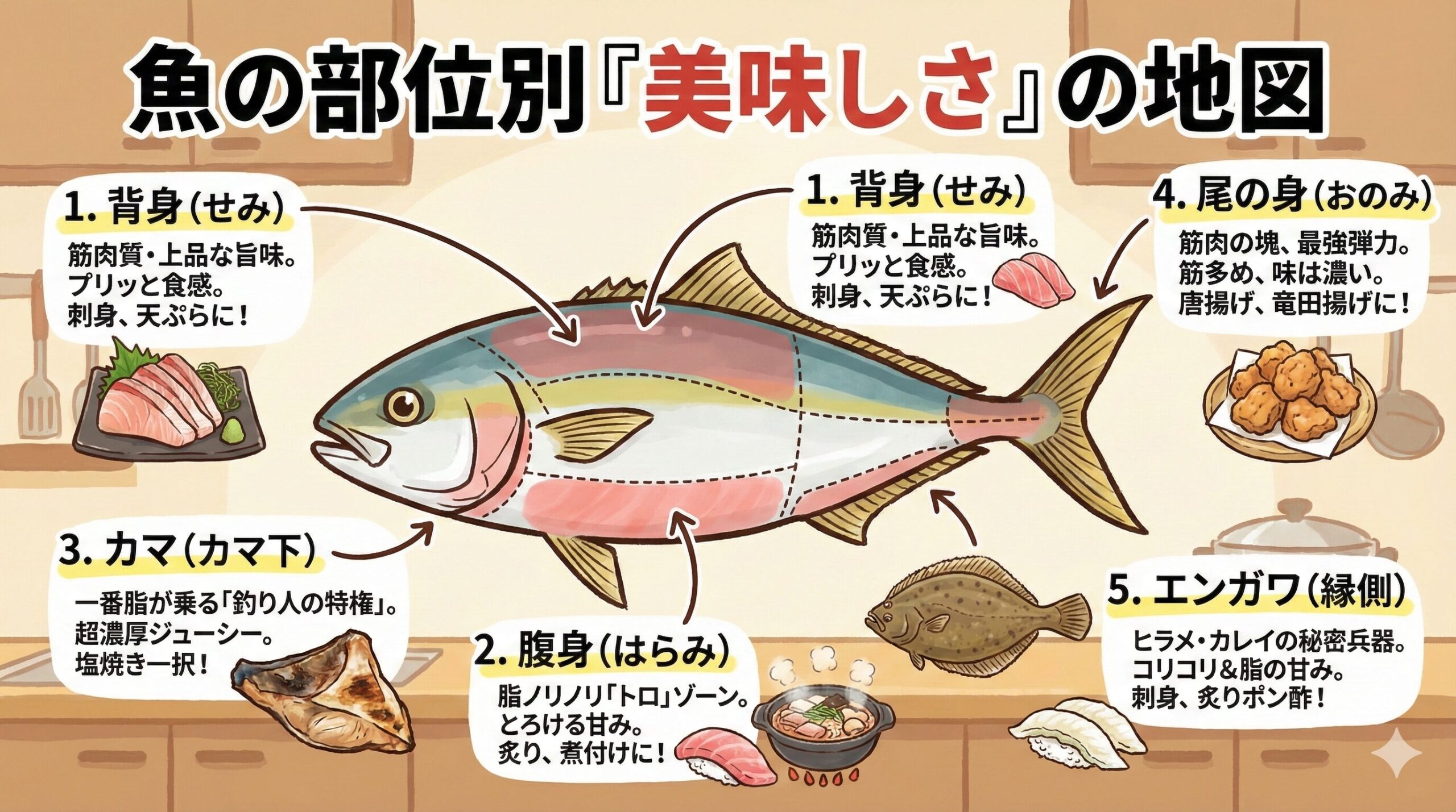 部位を知れば、魚料理はもっと自由になる。 魚は「切り身」という一つの物質ではありません。背中のさっぱりした旨味、お腹の濃厚な脂、カマのジューシーさ。釣太郎