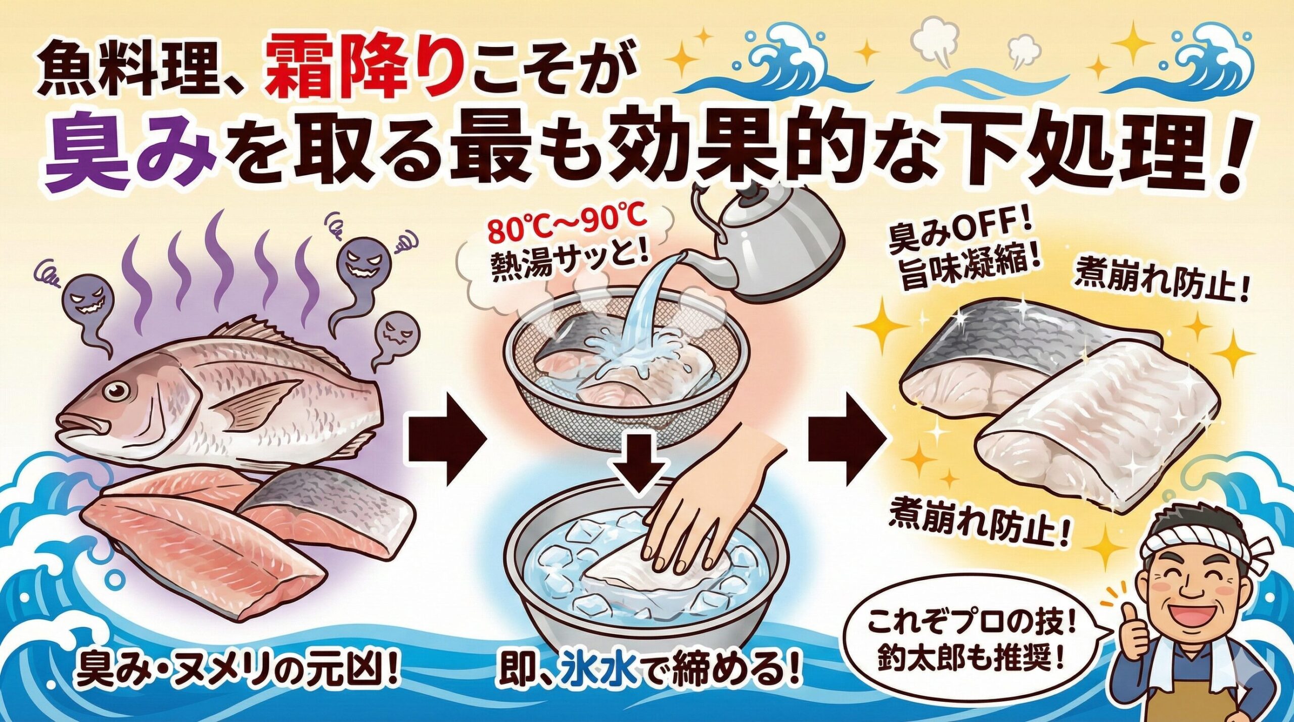 魚料理では、霜降りこそが臭みを取る最も効果的な下処理。釣太郎