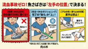 魚おろし、包丁の進む先に指を置かない。軍手やペーパーで滑りを止める。この２点を守るだけで、あなたのキッチンから流血事故はなくなります。釣太郎