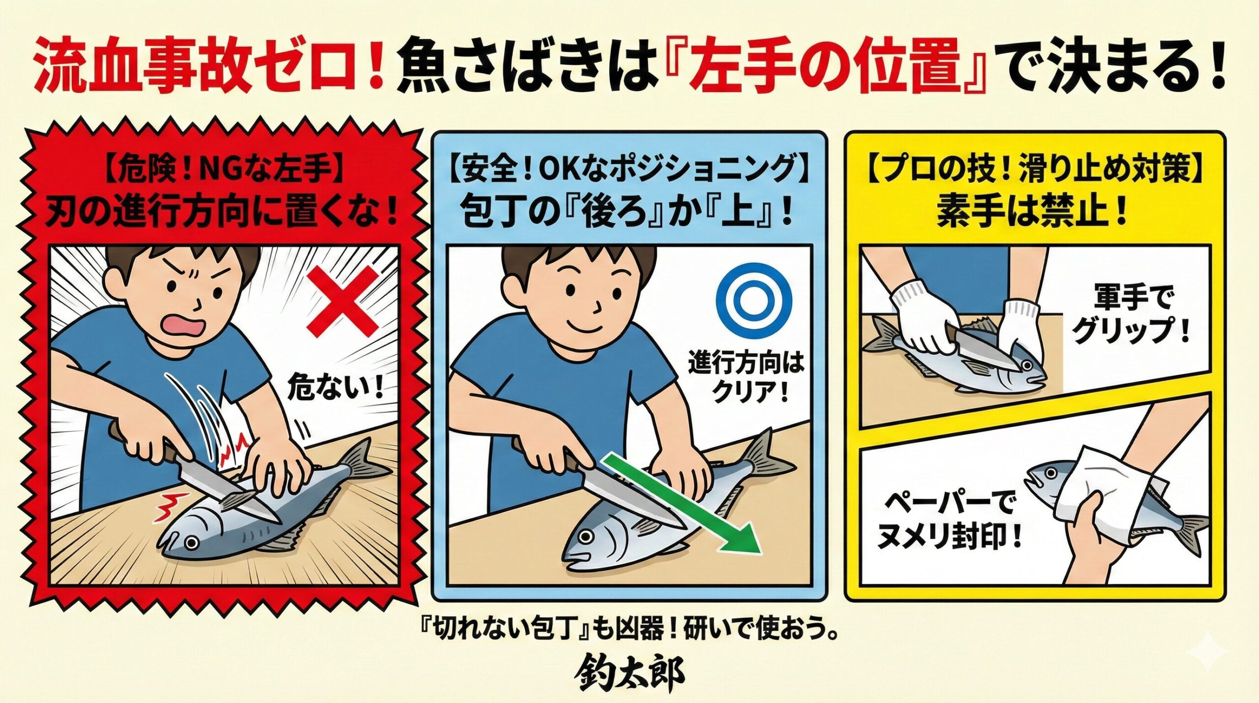 魚おろし、包丁の進む先に指を置かない。軍手やペーパーで滑りを止める。この２点を守るだけで、あなたのキッチンから流血事故はなくなります。釣太郎