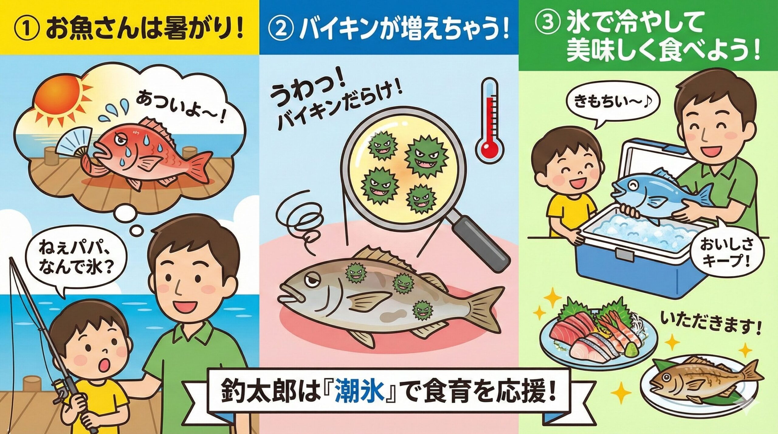 魚を氷で冷やすのは、魚は暑がりだから、涼しくしてあげる。悪いバイキンから守るために冷やす。釣太郎